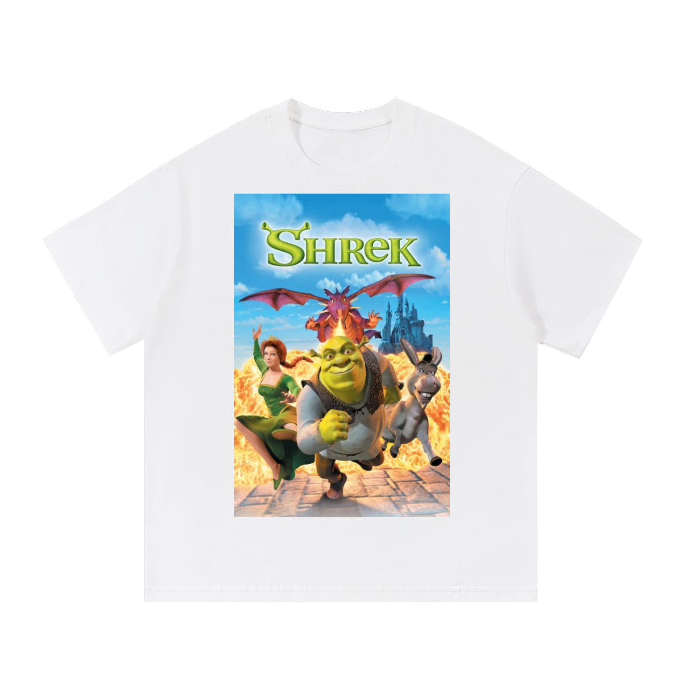 White t-shirt with Shrek graphic on a white background