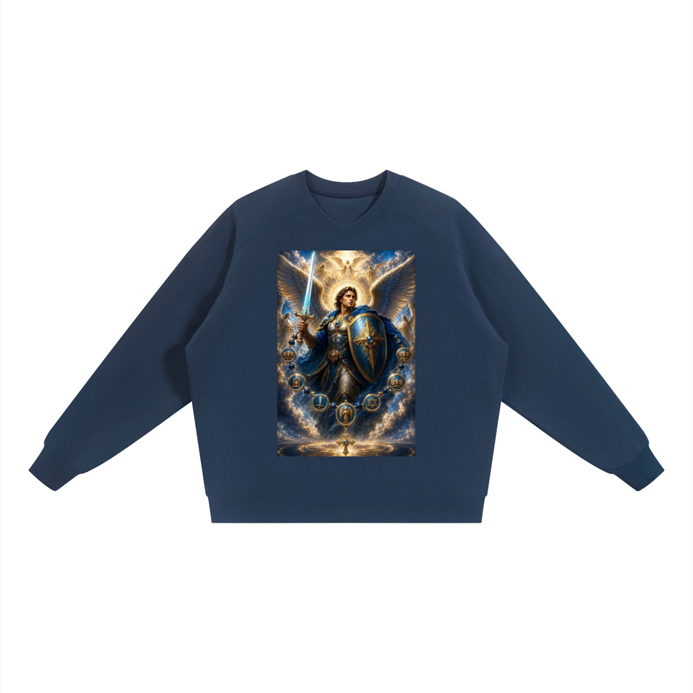A navy blue crewneck sweatshirt featuring a large graphic print of a winged angel warrior holding a sword and shield on the front, displayed against a solid white background.