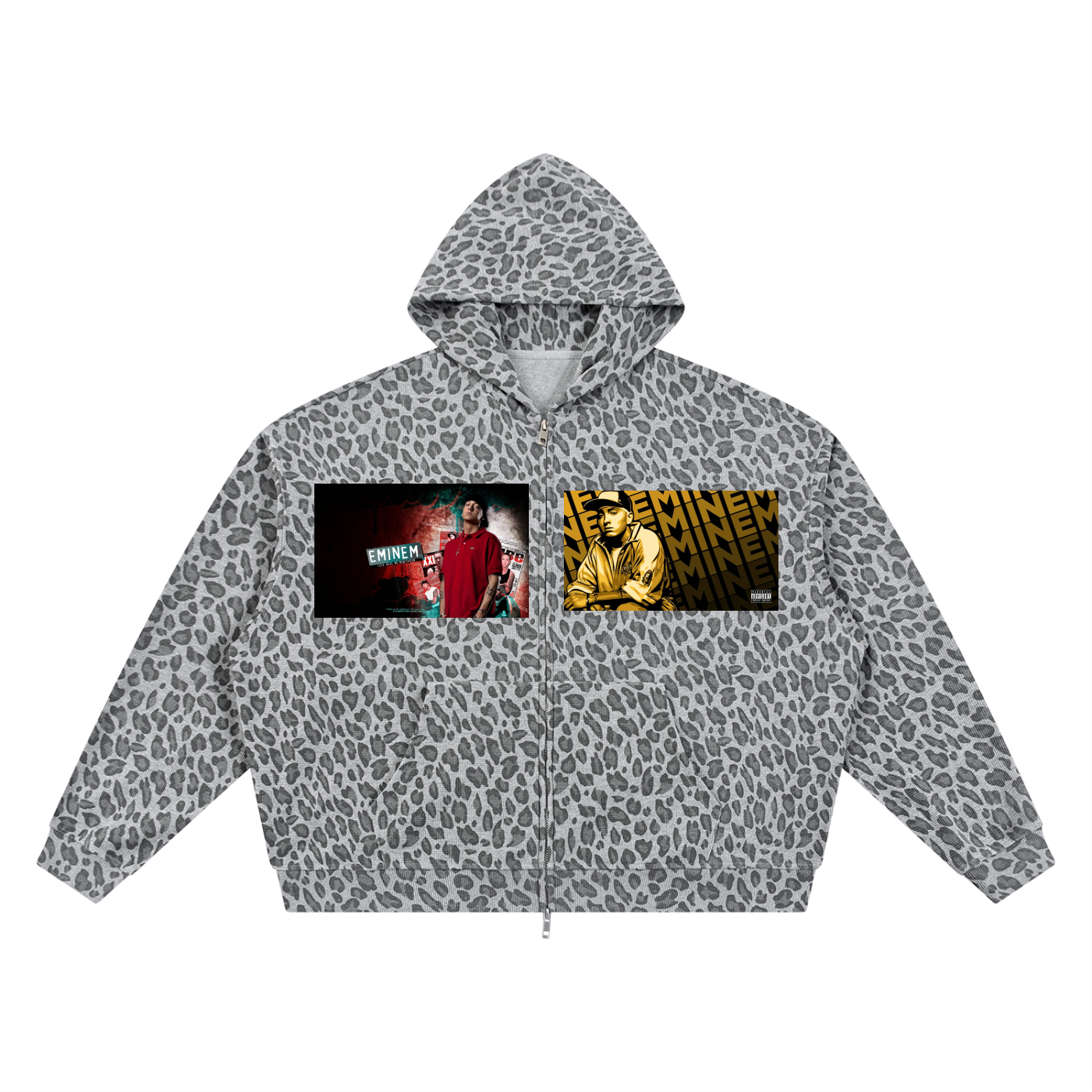 Leopard print jacket with Eminem album covers on front pockets against a white background