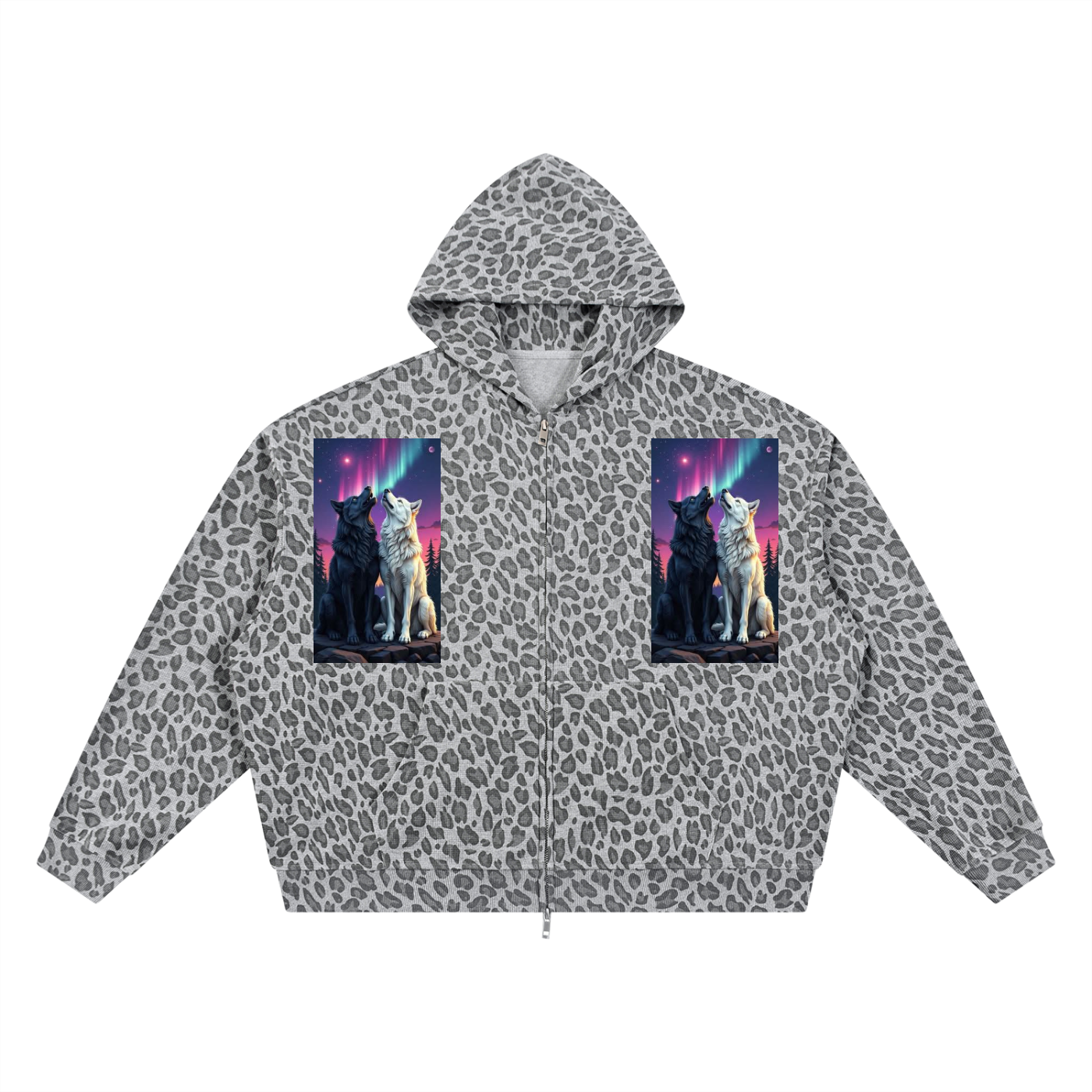 Leopard print jacket with wolf design on a white background