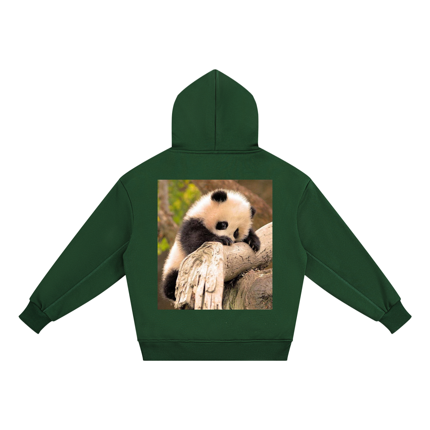 Green hoodie with a panda bear on a branch graphic on the back