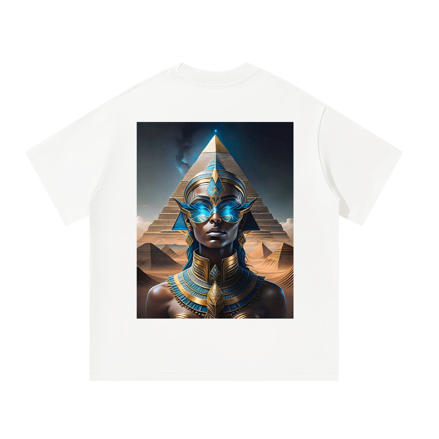 White t-shirt with a graphic of an Egyptian-themed design featuring a pyramid and a person in ornate clothing.