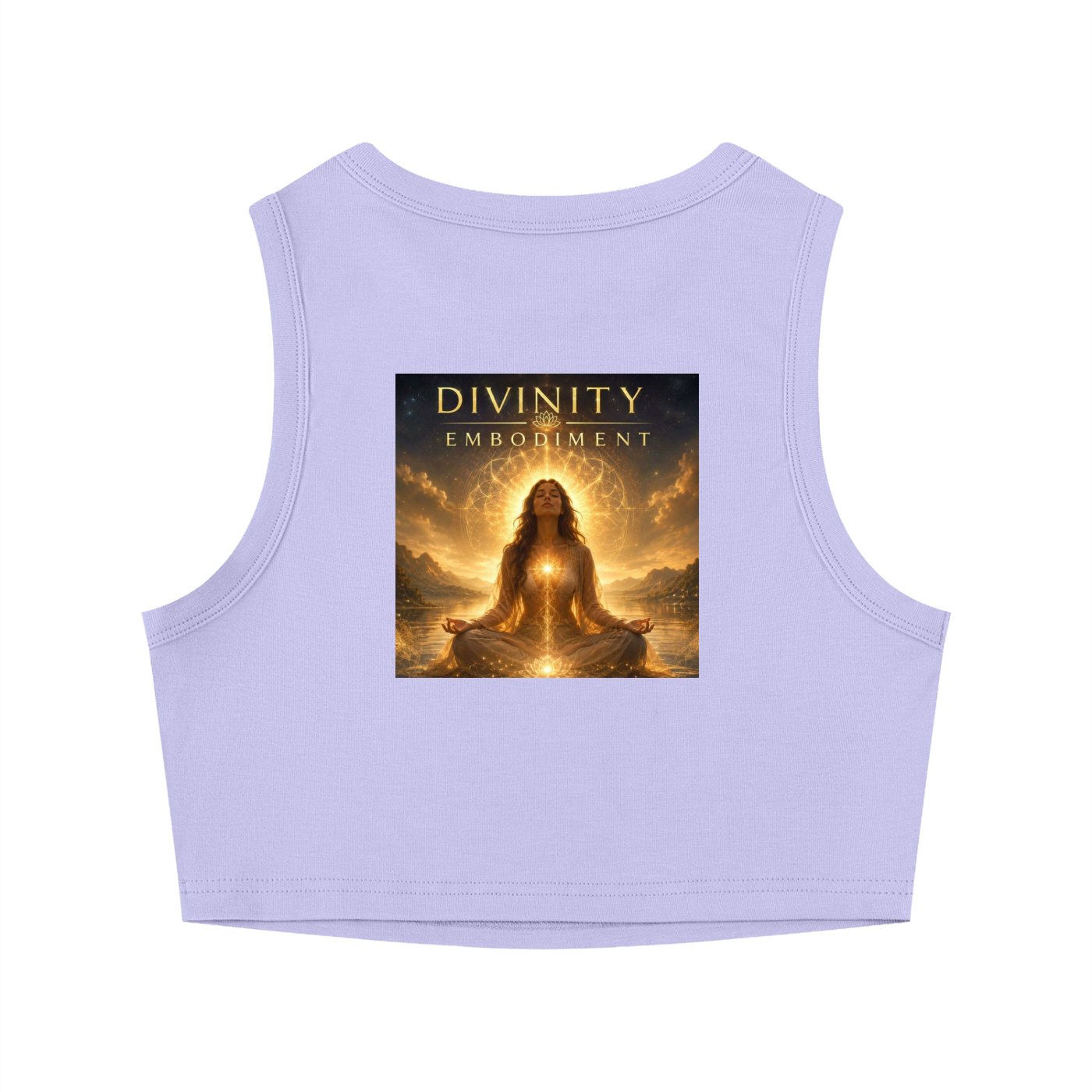 A light purple sleeveless crop top featuring a square graphic print on the front with the text 'DIVINITY IS EMBOIMENT' and an illustration of a glowing figure meditating in a golden scene.