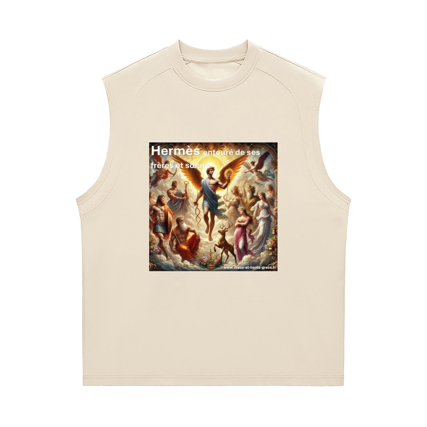 Beige sleeveless top with a graphic design on a white background