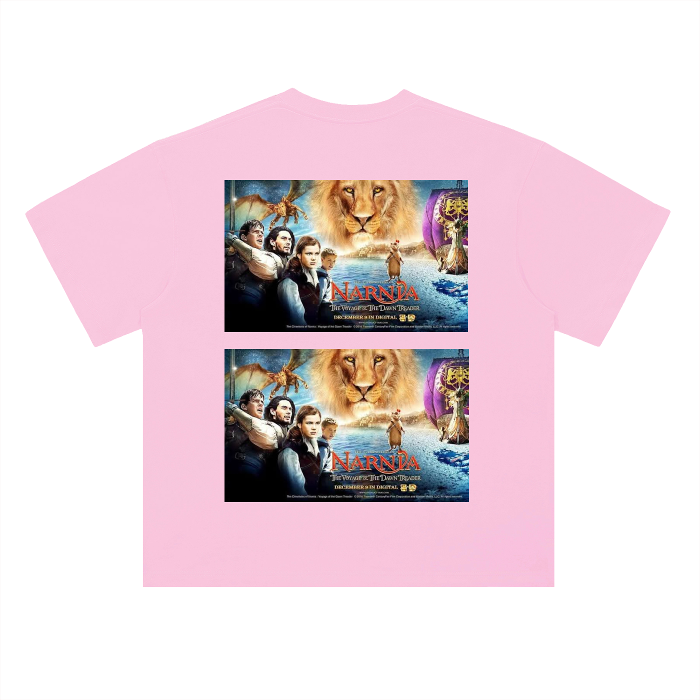 Pink t-shirt with 'The Chronicles of Narnia' movie poster design on a white background