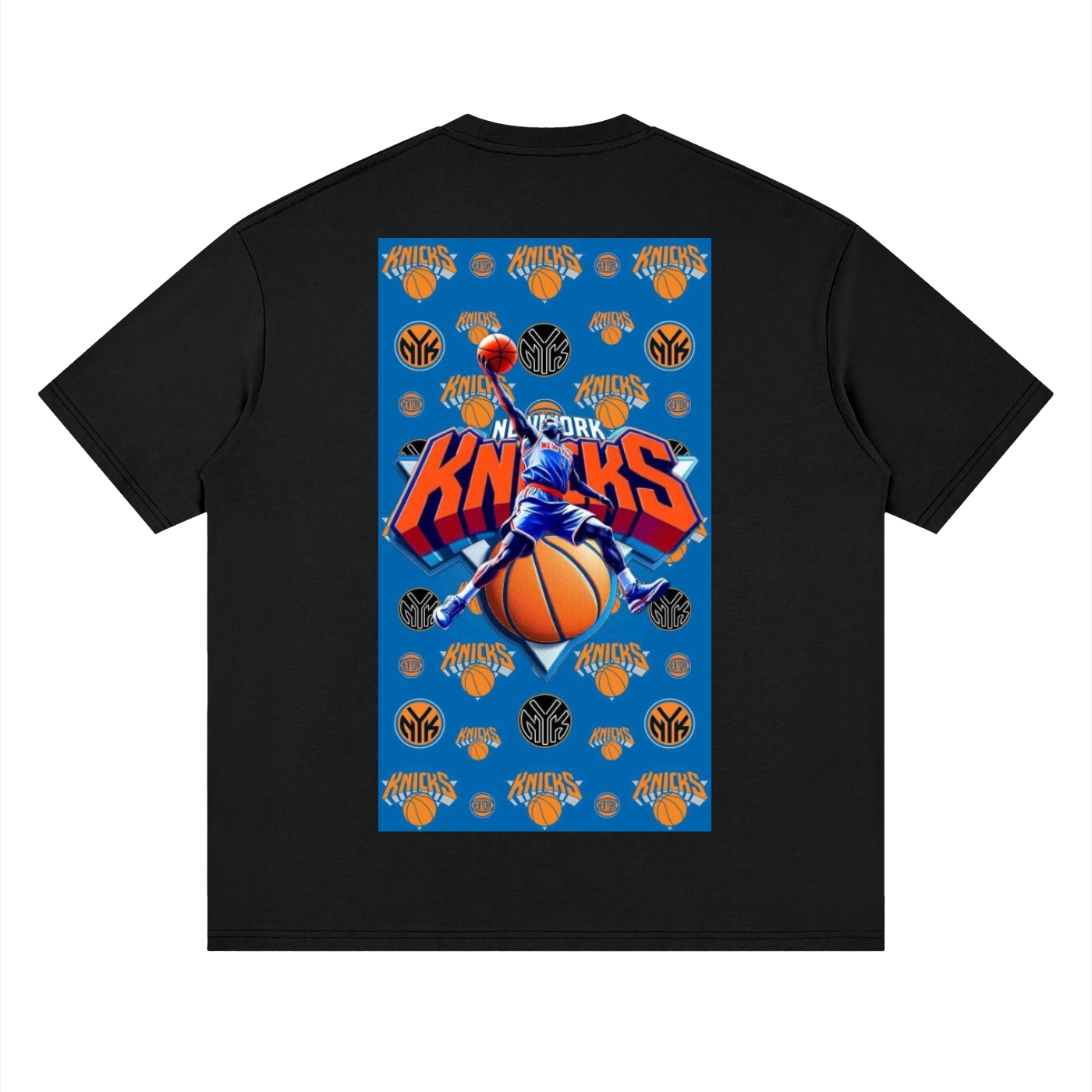 Black t-shirt with New York Knicks graphic on a white background