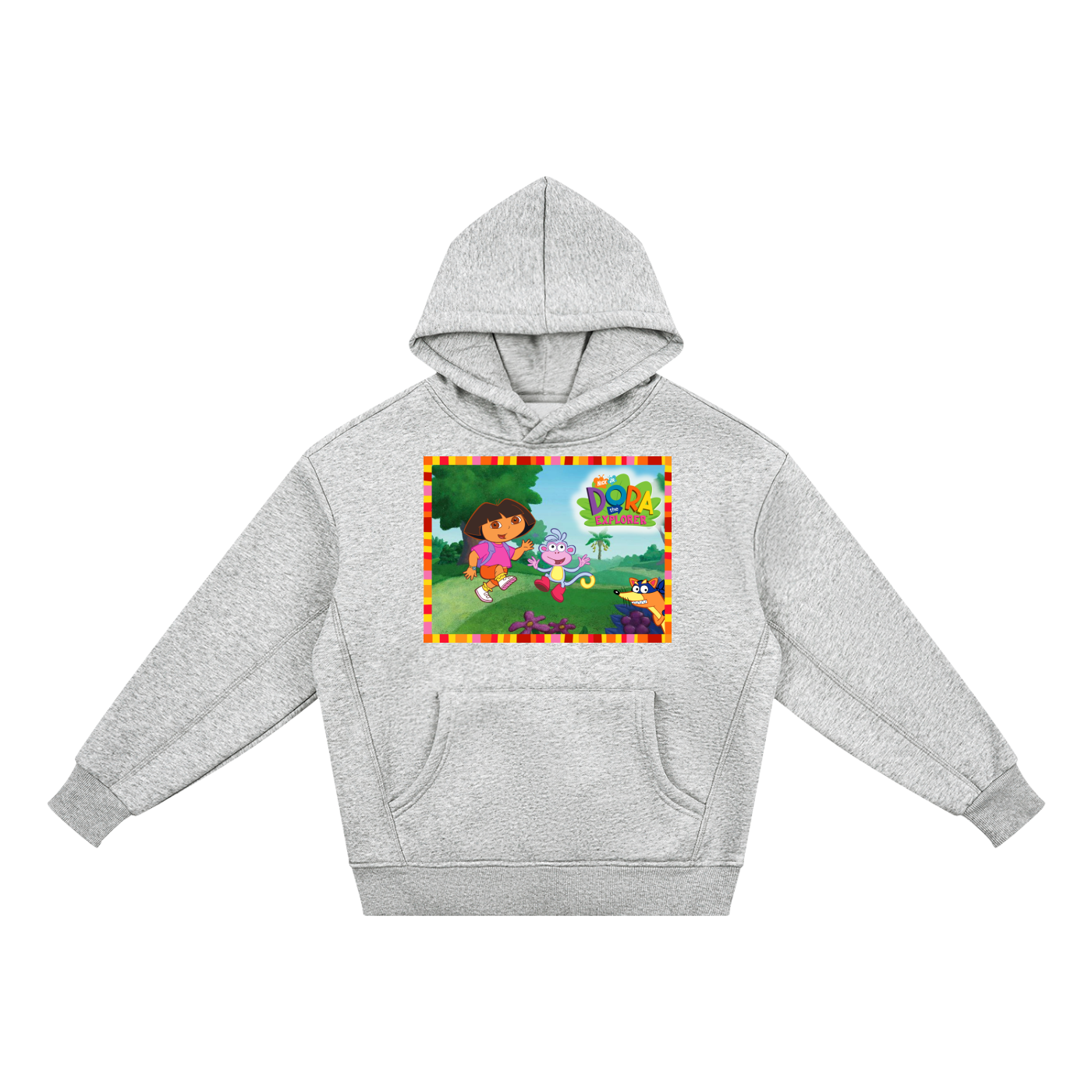 Gray hoodie with Dora the Explorer graphic on a white background