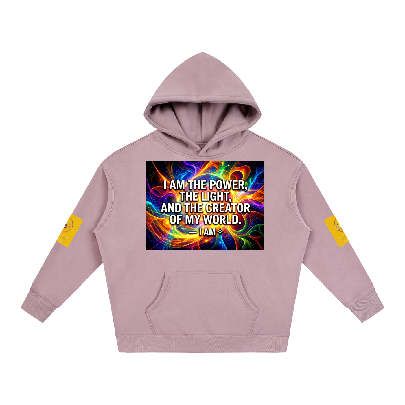 Pink hoodie with colorful text design on a white background