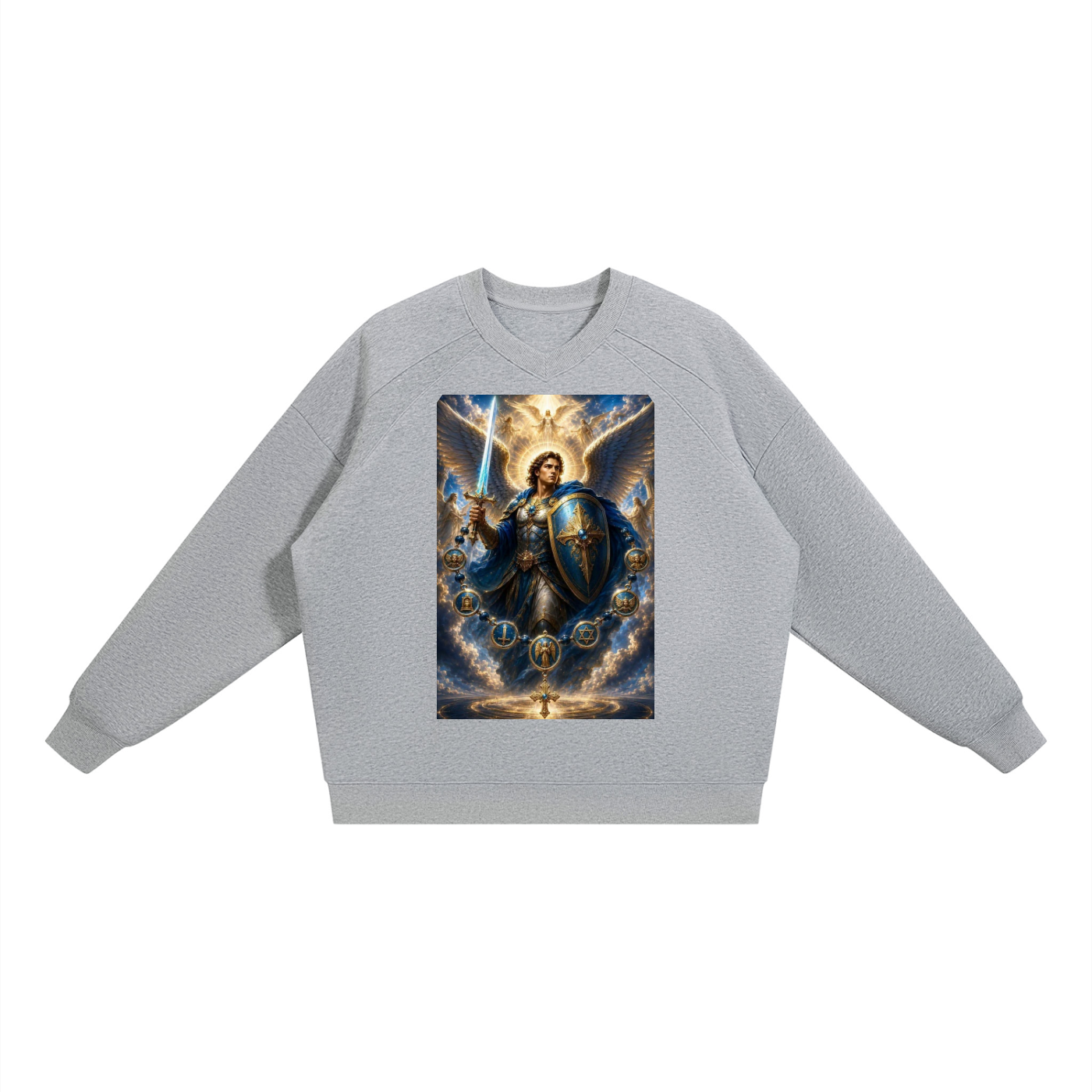 A light gray crewneck sweatshirt featuring a large, colorful graphic print of a fantasy warrior character on the chest, displayed against a solid white background.