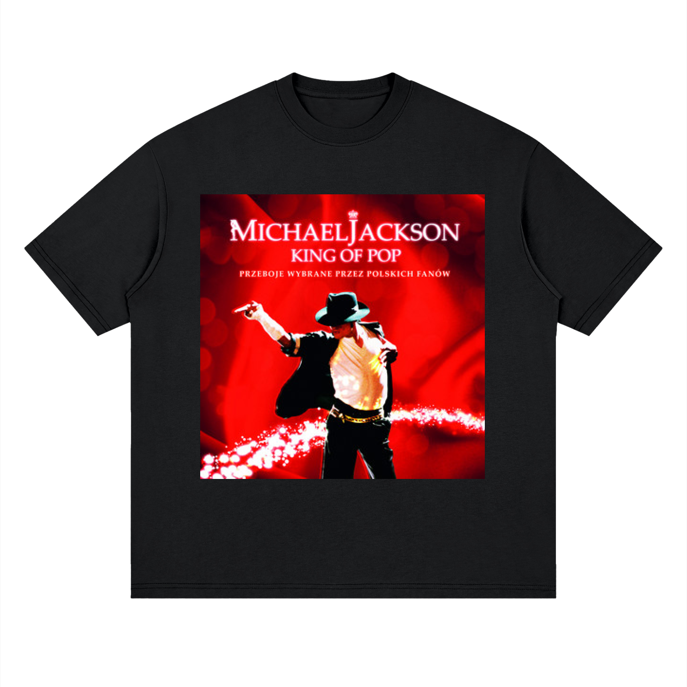 Black t-shirt with Michael Jackson graphic and text on a white background