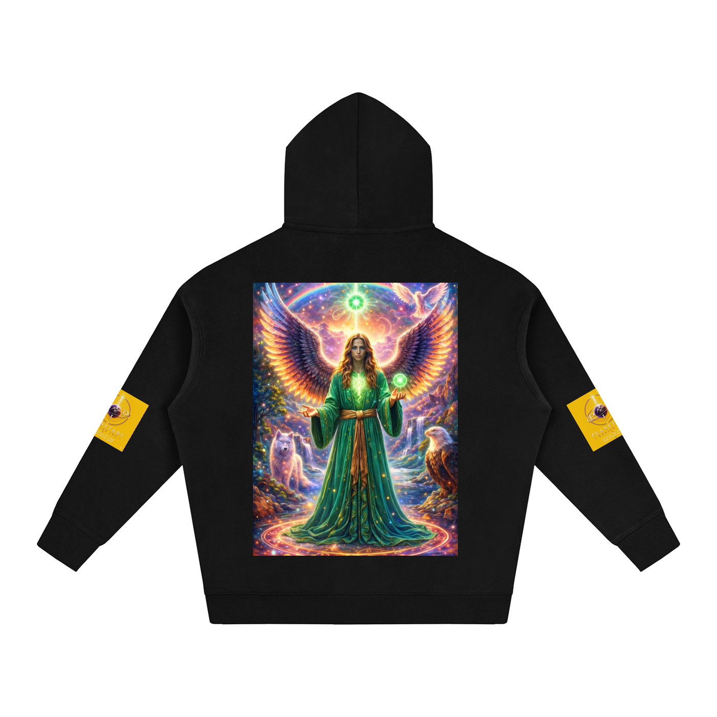 Black hoodie with a colorful graphic of a woman in a green dress on the back, on a white background.
