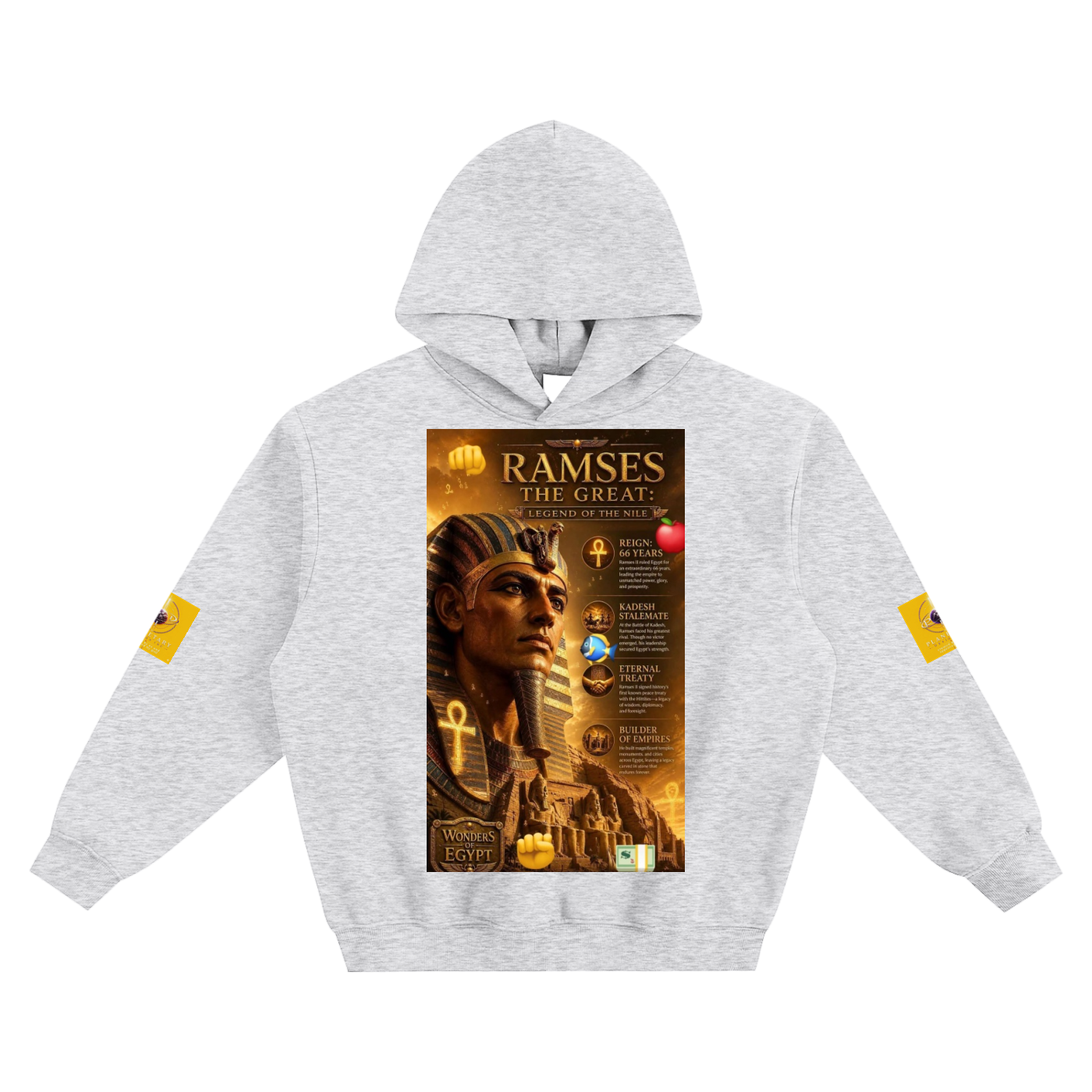 Gray hoodie with Ramses the Great movie poster design on a white background