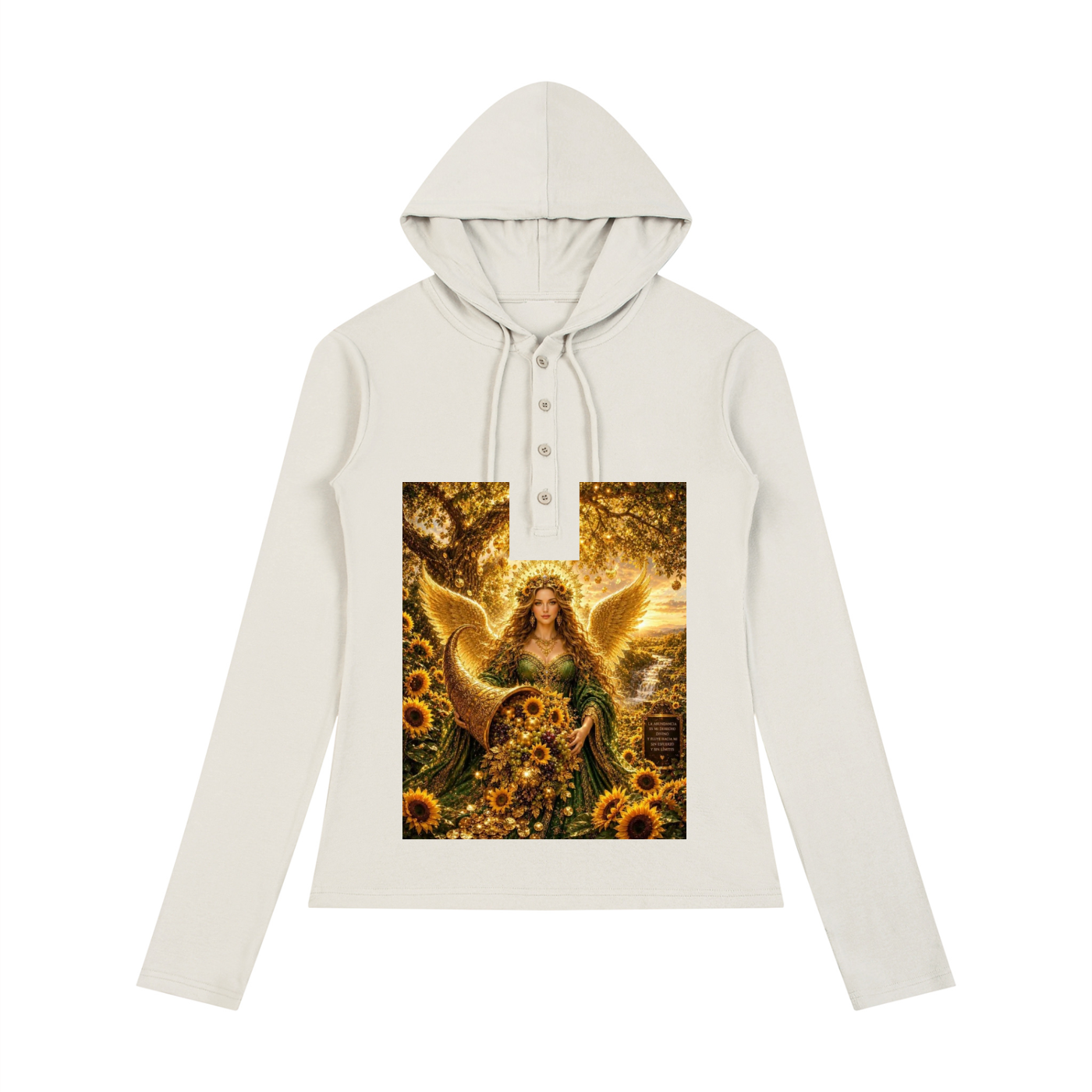 An off-white long-sleeve hoodie with a drawstring hood and a buttoned henley collar, featuring a large graphic print of an angel surrounded by sunflowers on the front.