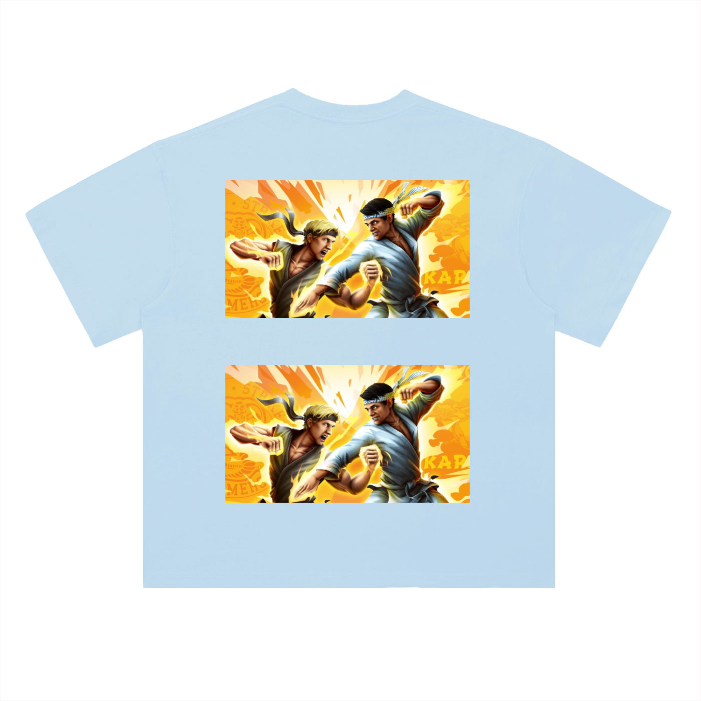 Light blue t-shirt with graphic of two characters in a fighting pose on a white background