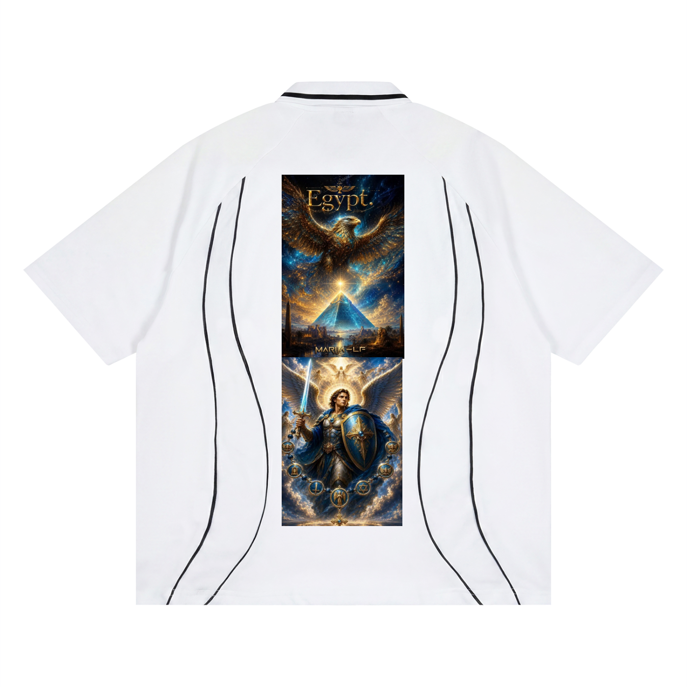 White short-sleeve T-shirt shown from the back, featuring a large vertical graphic print with Egyptian-themed artwork and text, plus thin black curved line details running down the sides.