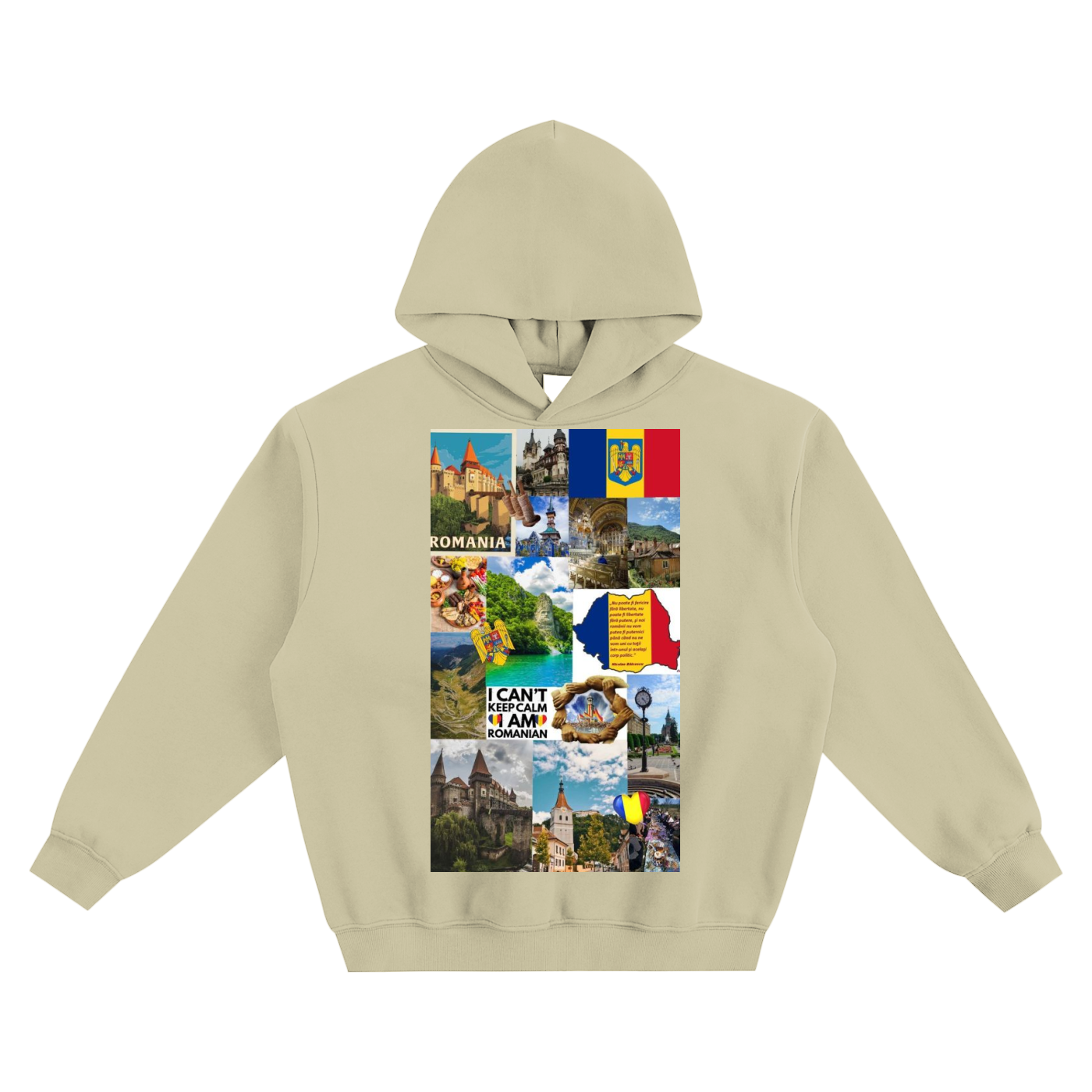 Beige hoodie with a collage of Romania-themed images and text on a white background