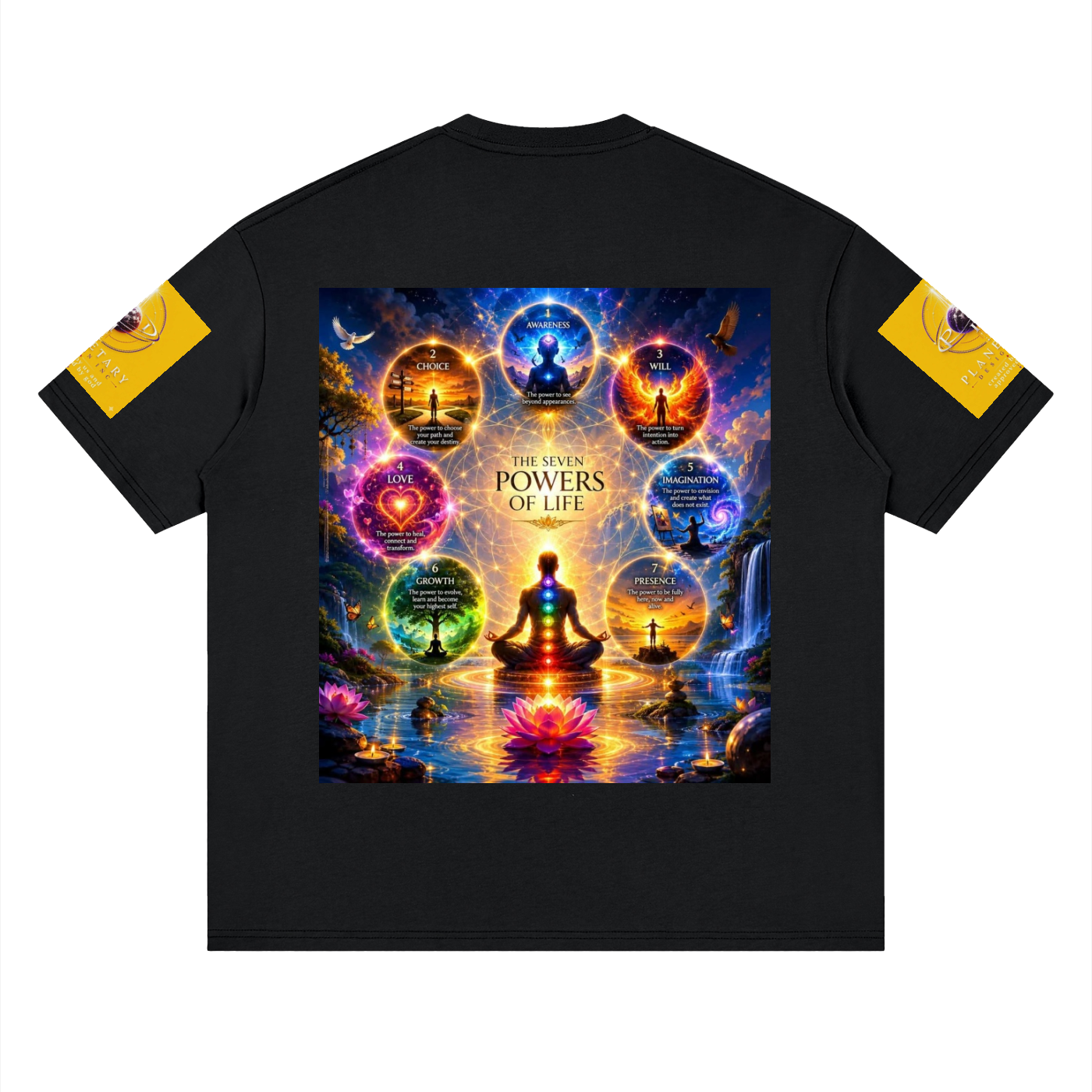 Black t-shirt with colorful 'Powers of Life' design on a white background