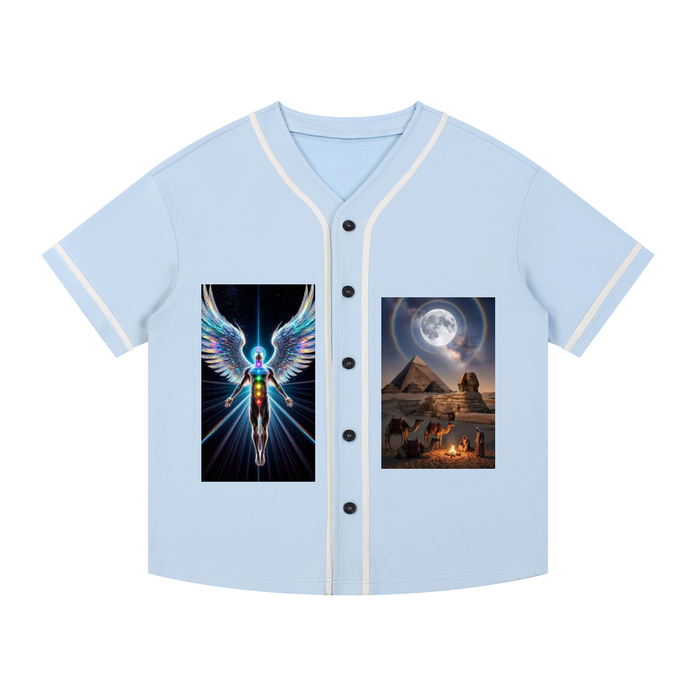 A light blue short-sleeve button-front baseball-style shirt with white trim on the collar, sleeve cuffs, and front placket. The shirt features two rectangular graphic prints: a glowing angel figure with wings on the left chest and a desert scene with pyramids and a campfire under a full moon on the right chest.