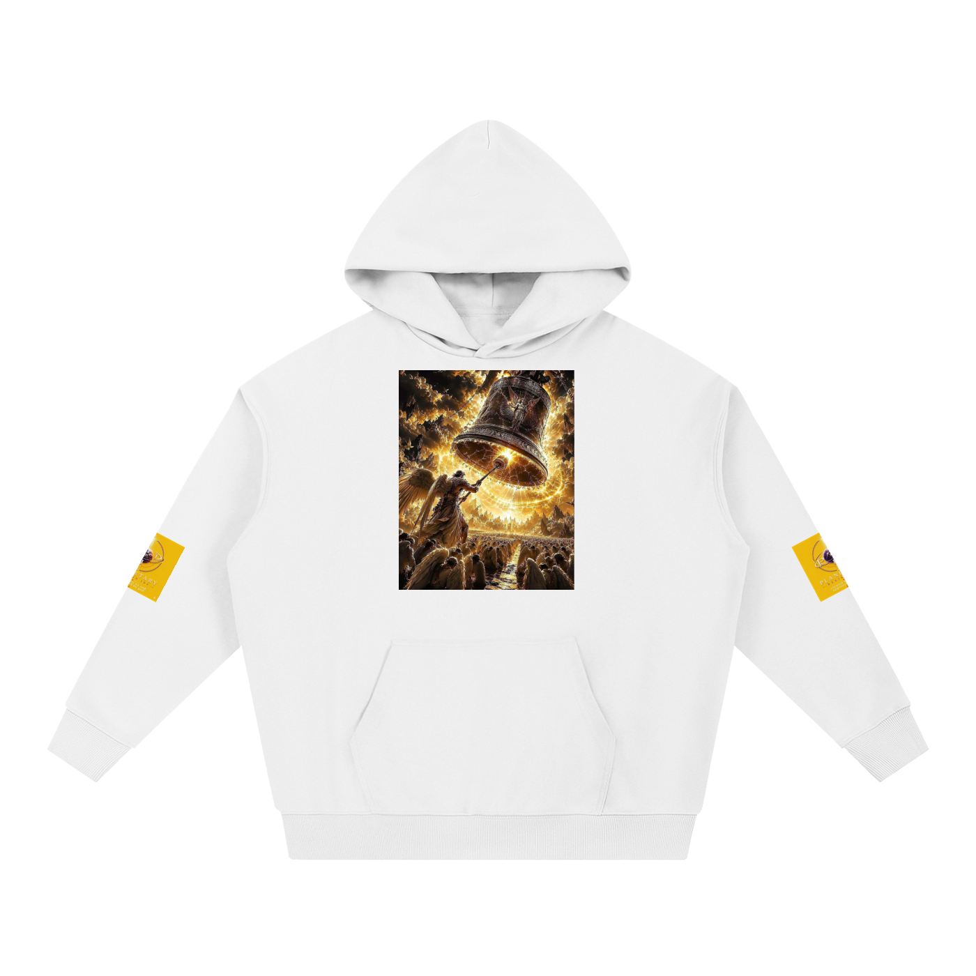 A white pullover hoodie featuring a square graphic print on the chest depicting a dramatic bell in a fiery, golden light, with small yellow graphic patches on both sleeves, shown against a plain white background.