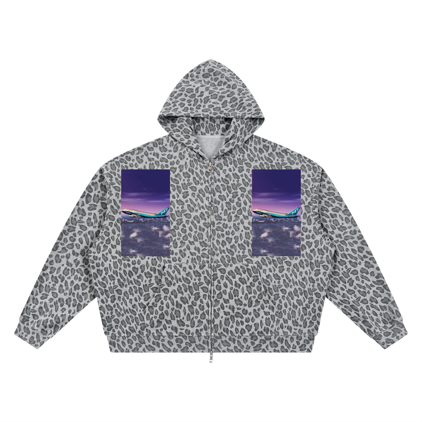 Leopard print jacket with purple pocket designs on a white background