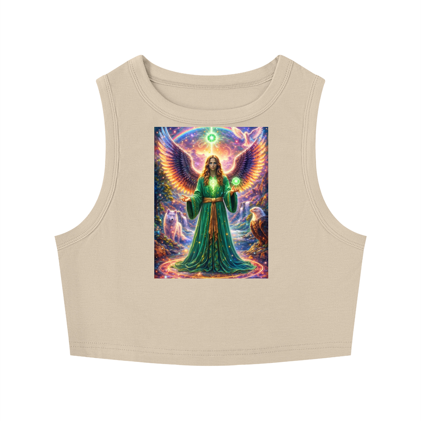 A beige sleeveless crop top featuring a colorful graphic print of a winged angel in a green robe holding a glowing orb, set against a plain white background.