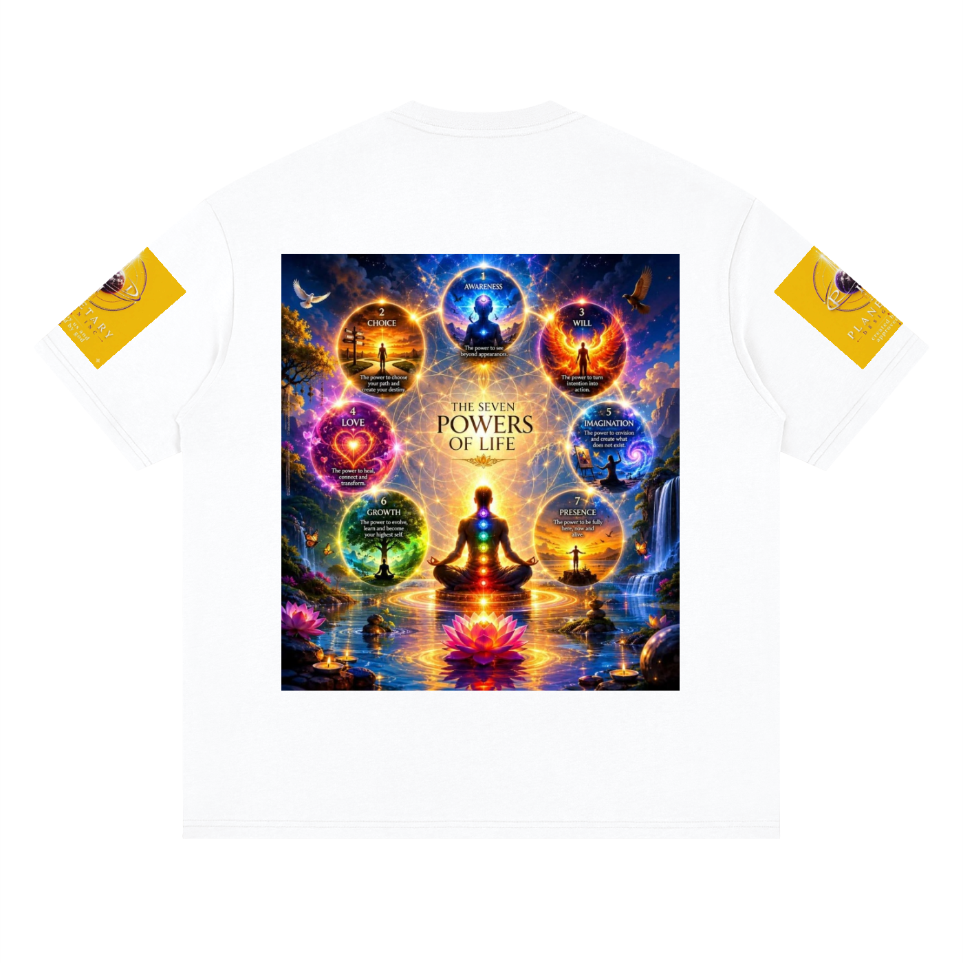 Poster of 'Powers of Life' with a person meditating and colorful symbols on a white background.