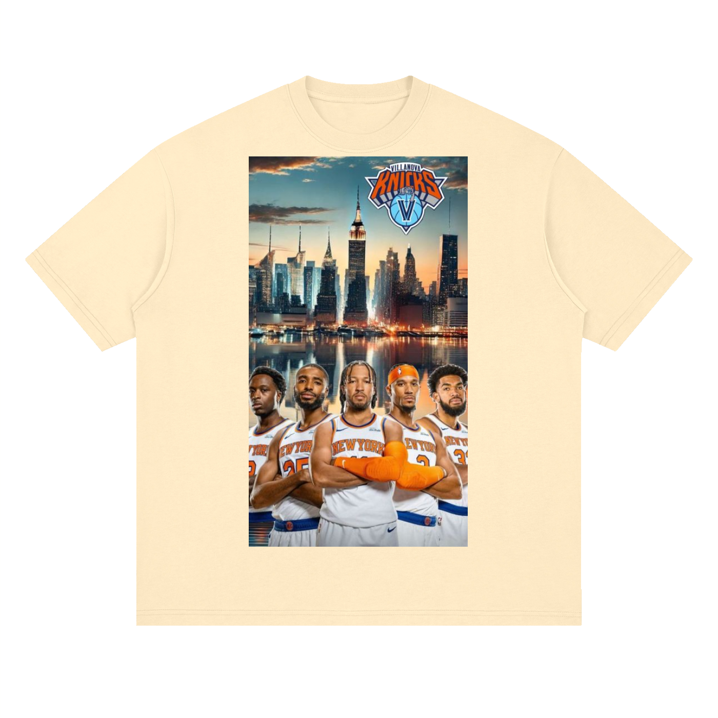 Beige t-shirt with a graphic of basketball players and a cityscape on a white background