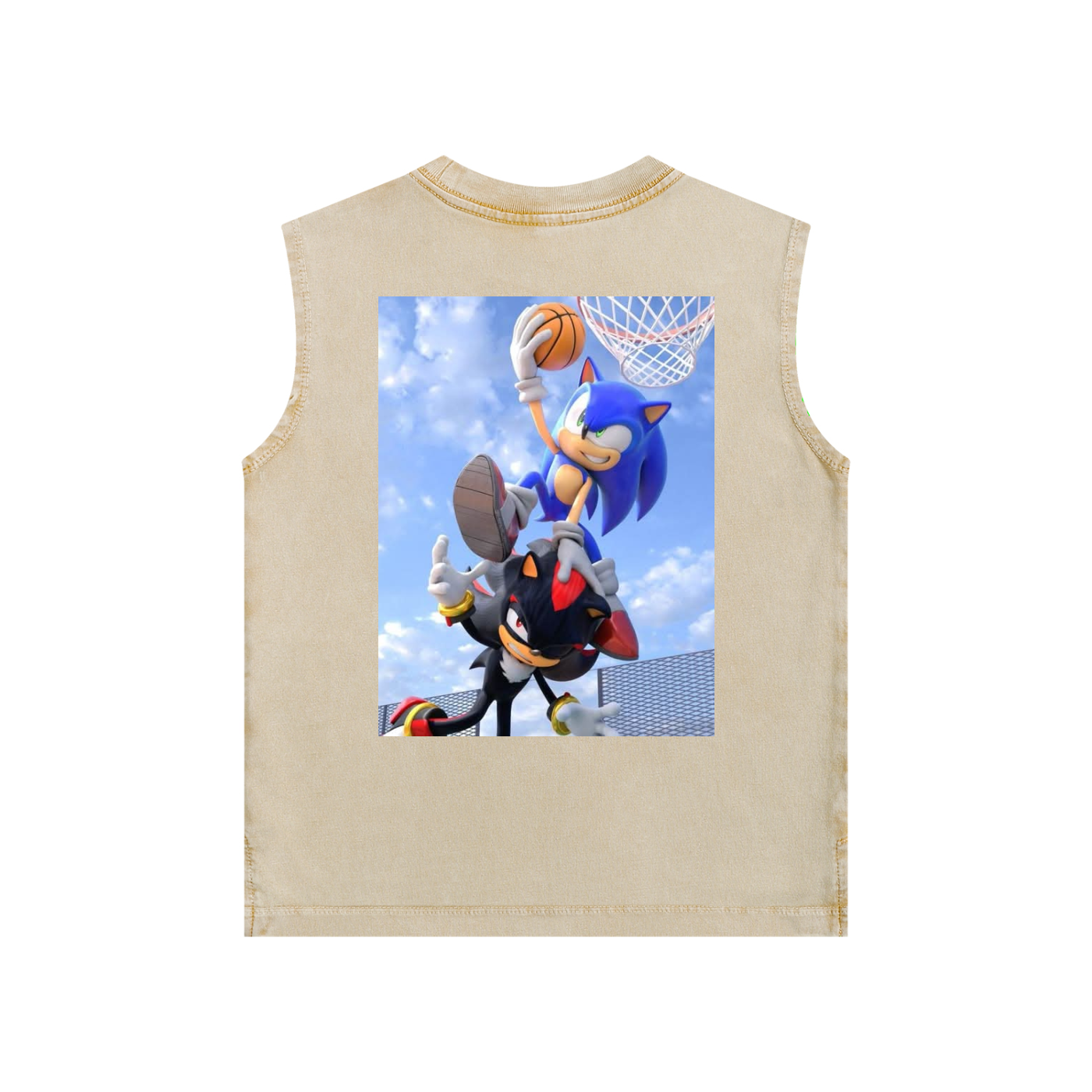 Beige sleeveless shirt with an animated character playing basketball on the back