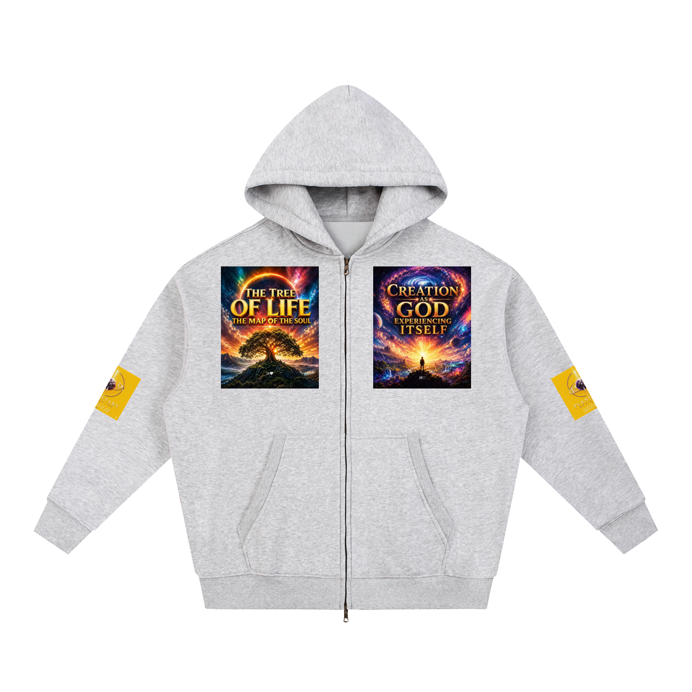 A light gray heather zip-up hoodie with two colorful graphic prints on the chest and yellow patches on both sleeves, shown against a plain white background.