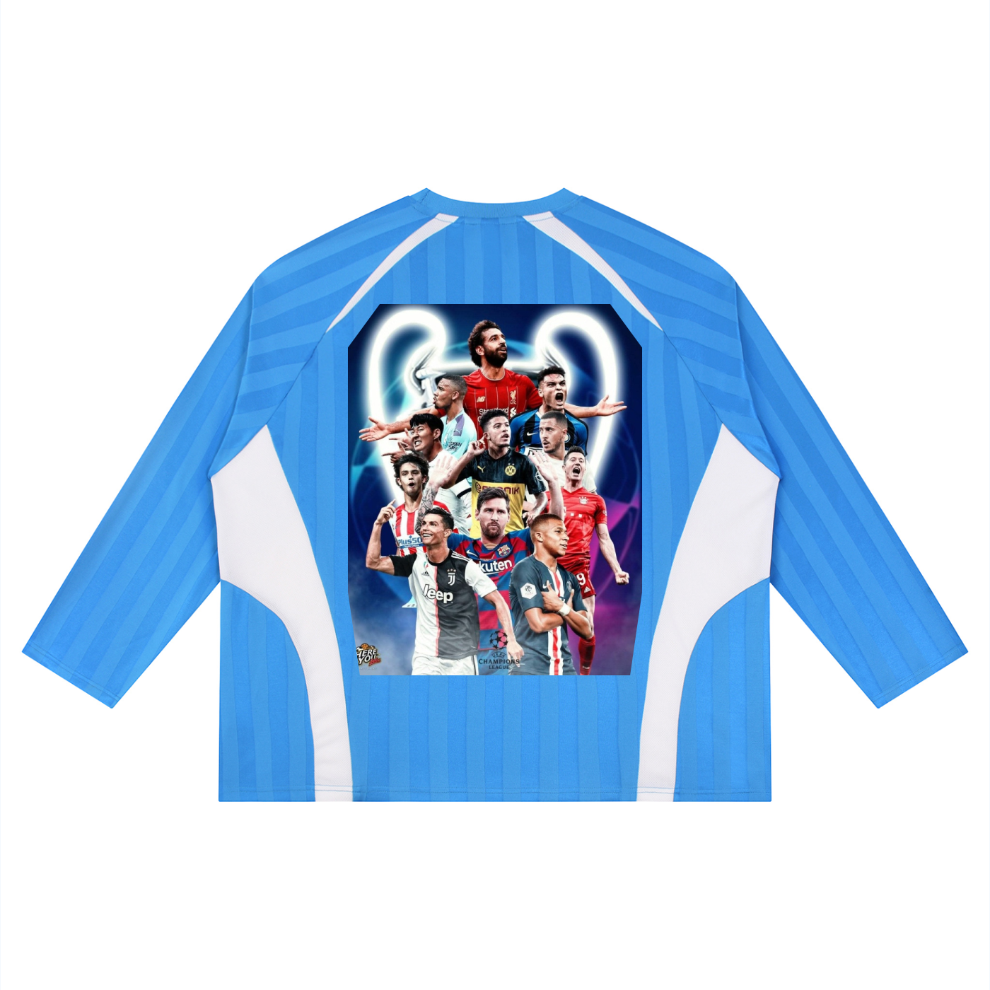 Blue sports jersey with a collage of soccer players on the back