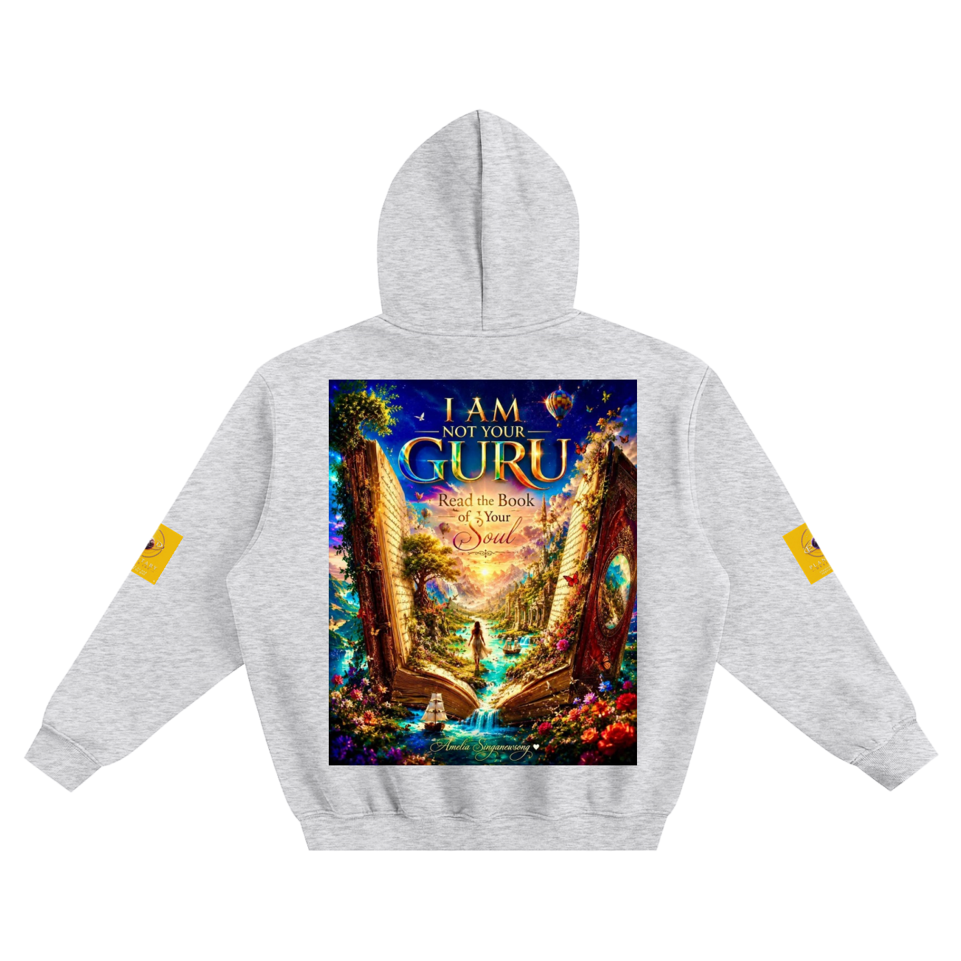 Gray hoodie with a colorful graphic and text on a white background