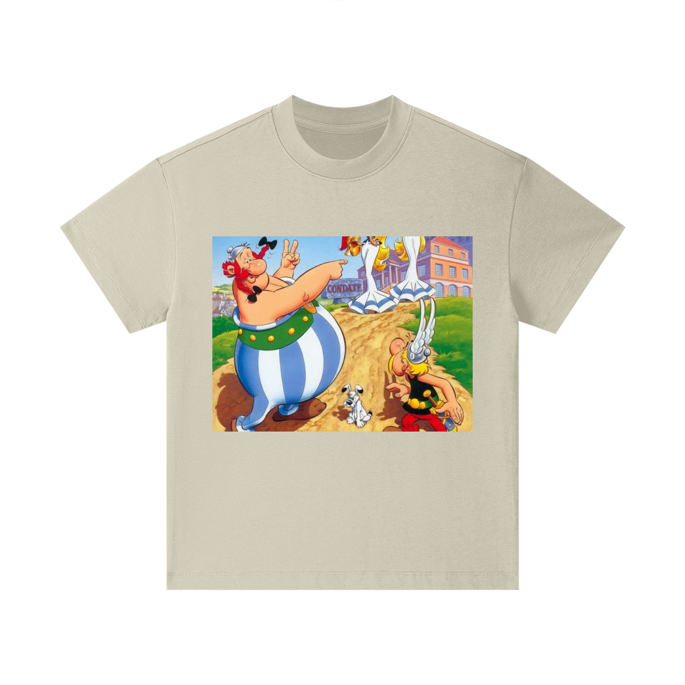 Beige t-shirt with Asterix and Obelix graphic on a white background