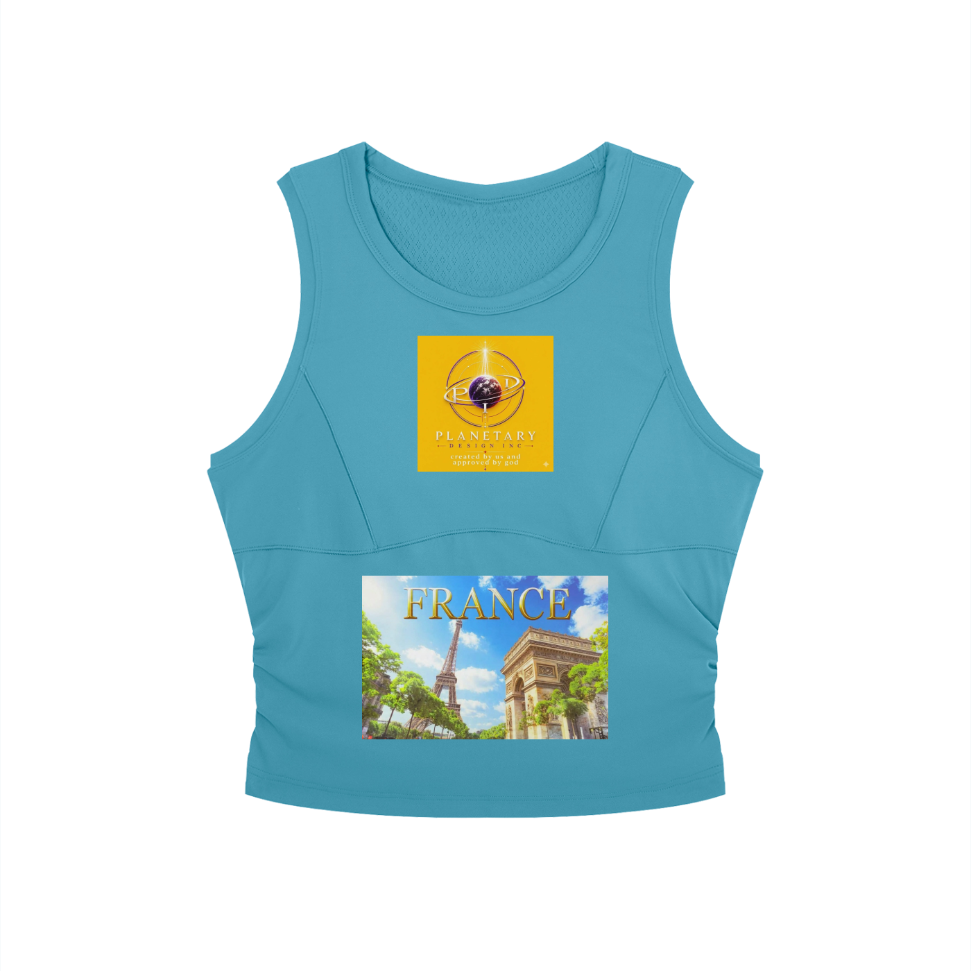 Blue tank top with a yellow square featuring a logo and a smaller square with 'FRANCE' and landmarks on a white background.