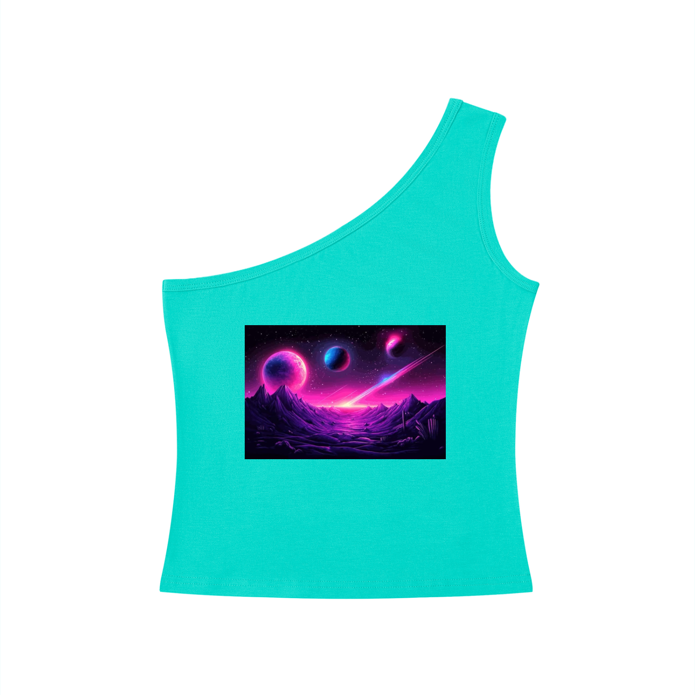 Turquoise tank top with a space-themed graphic on a white background