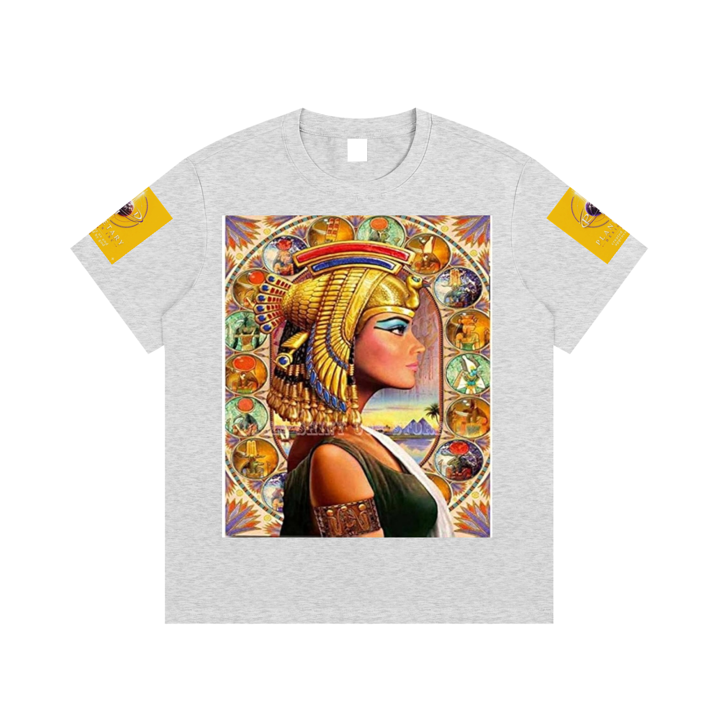 Gray t-shirt with an Egyptian-themed design featuring a woman in a headdress on a white background.