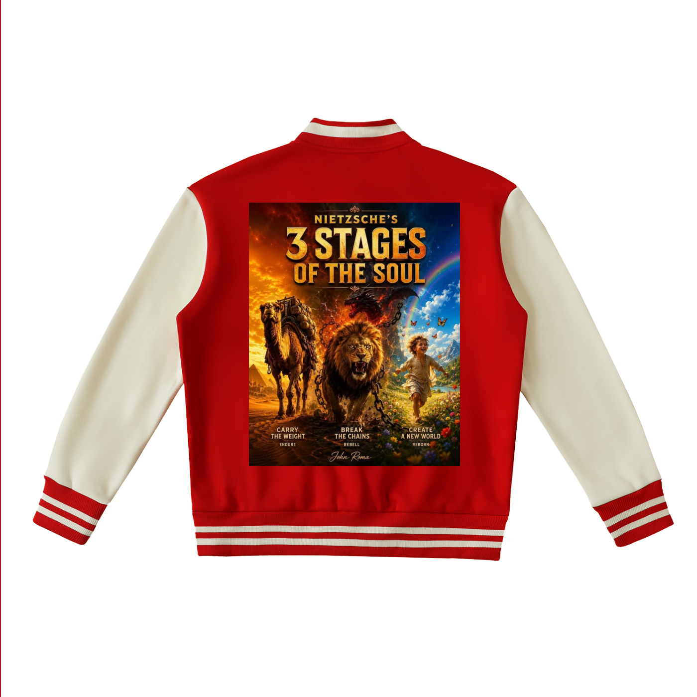 A red and cream varsity jacket shown from the back, featuring a large graphic print of Nietzsche's '3 Stages of the Soul' on the center back.