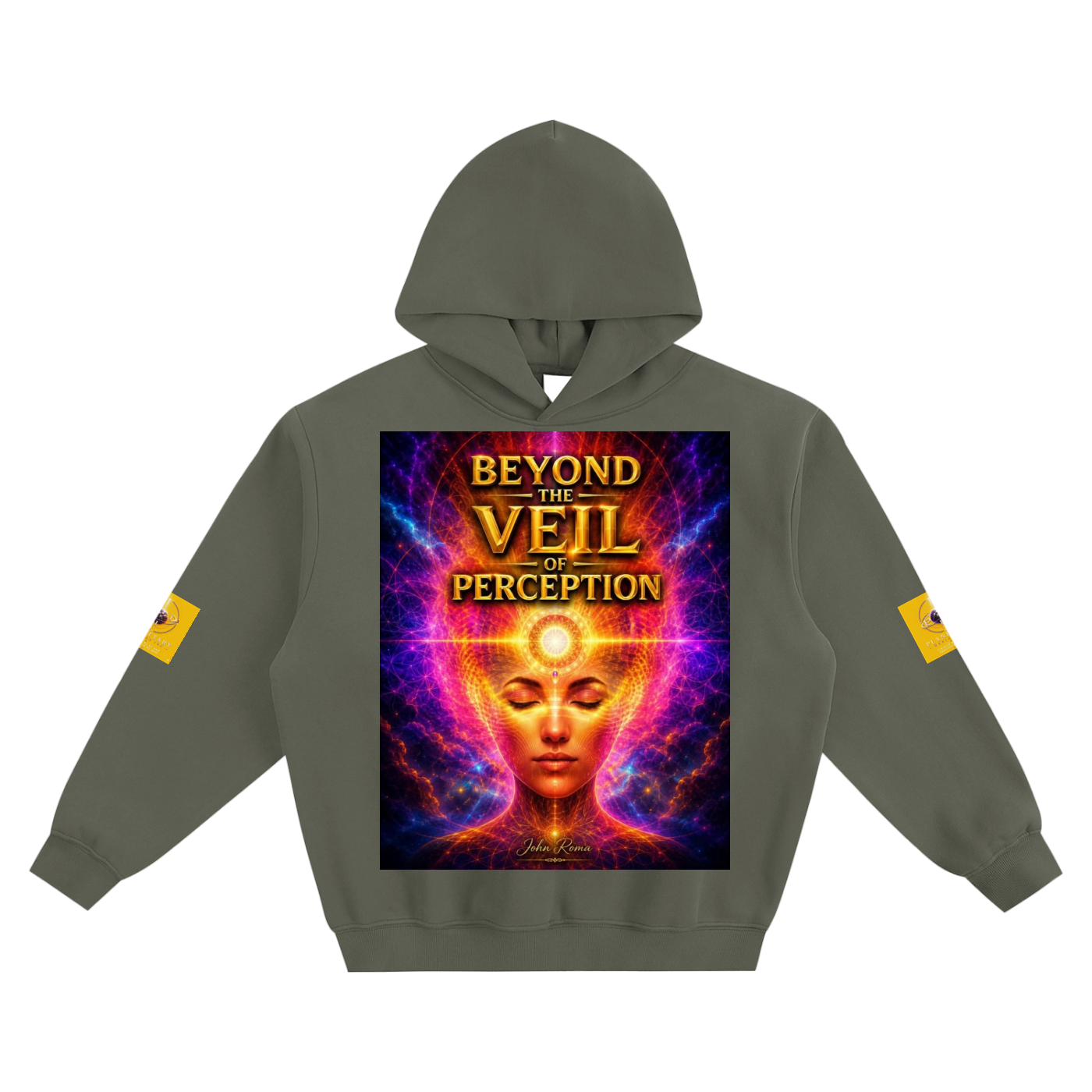 Gray hoodie with 'Beyond the Veil of Perception' design on a white background
