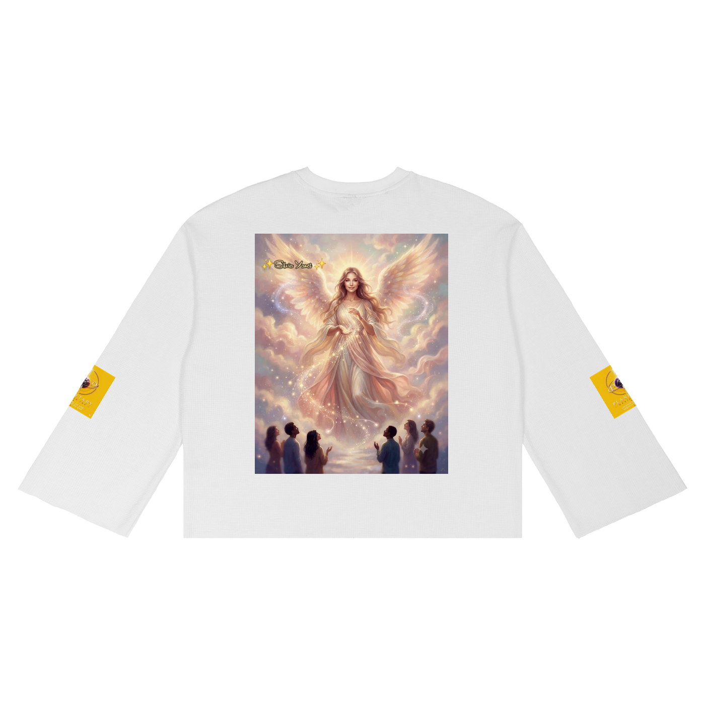 A white long-sleeve t-shirt with a large graphic print on the front depicting a glowing angel with wings and a group of children looking up. The shirt also features small yellow graphic patches on both sleeves.