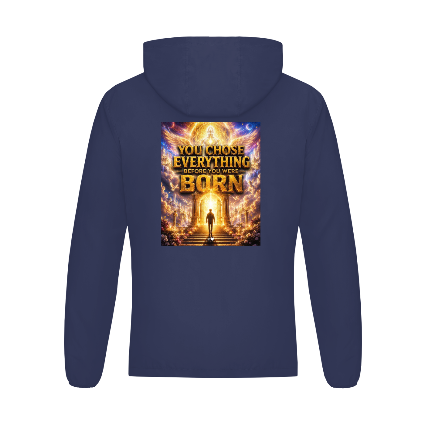 Navy blue hoodie with a graphic design on the back featuring text and a silhouette.