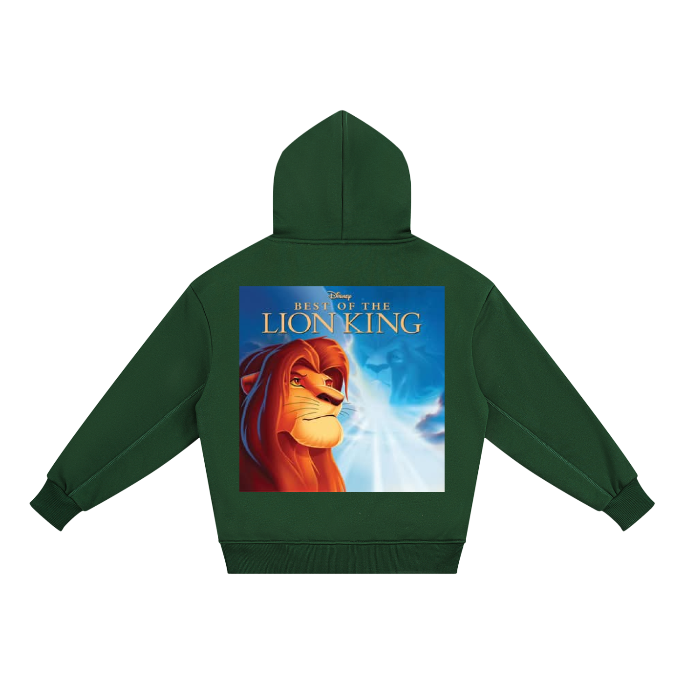 Green hoodie with 'The Lion King' movie poster on the back against a white background