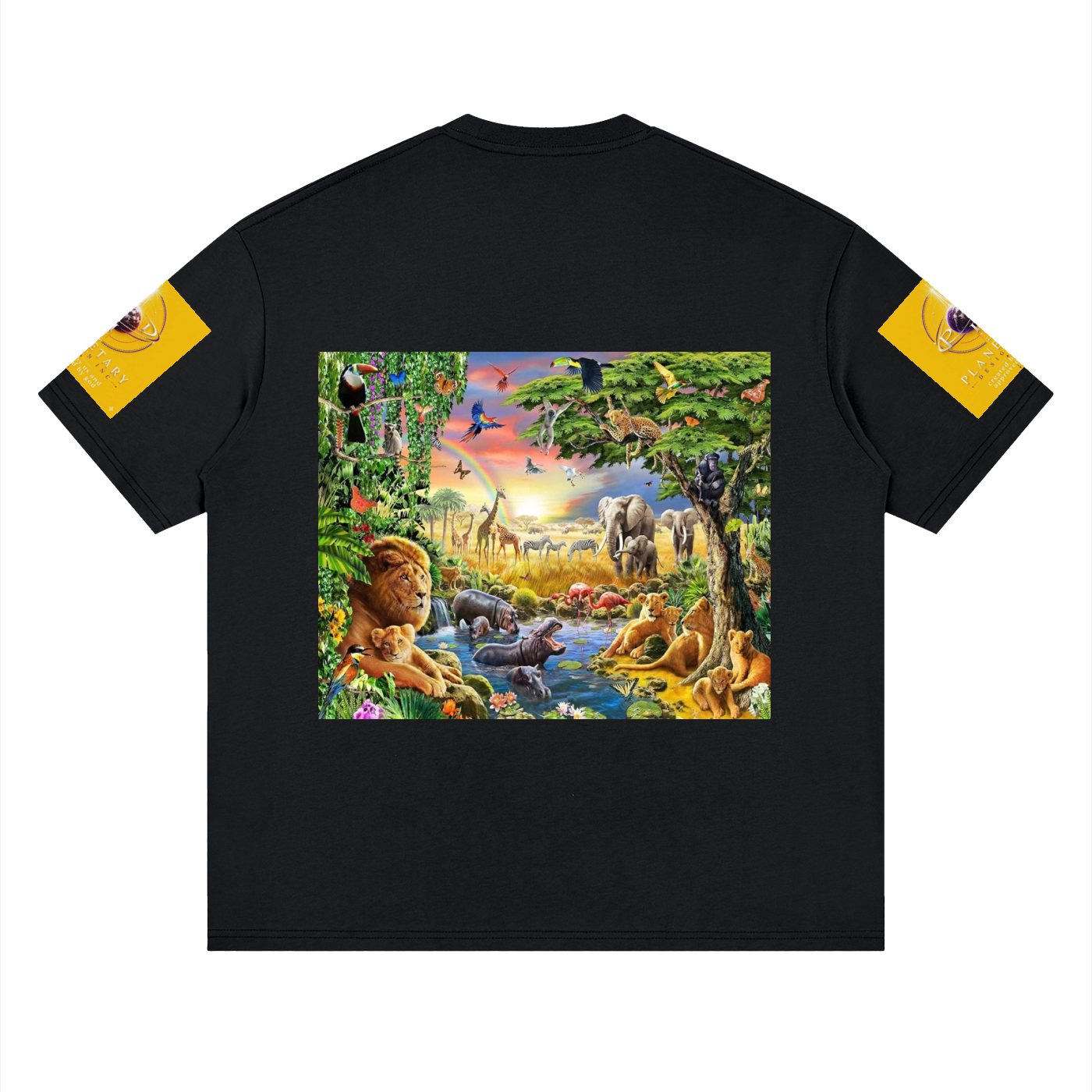 Black t-shirt with a colorful animal scene on the back, yellow sleeves, and a white background.