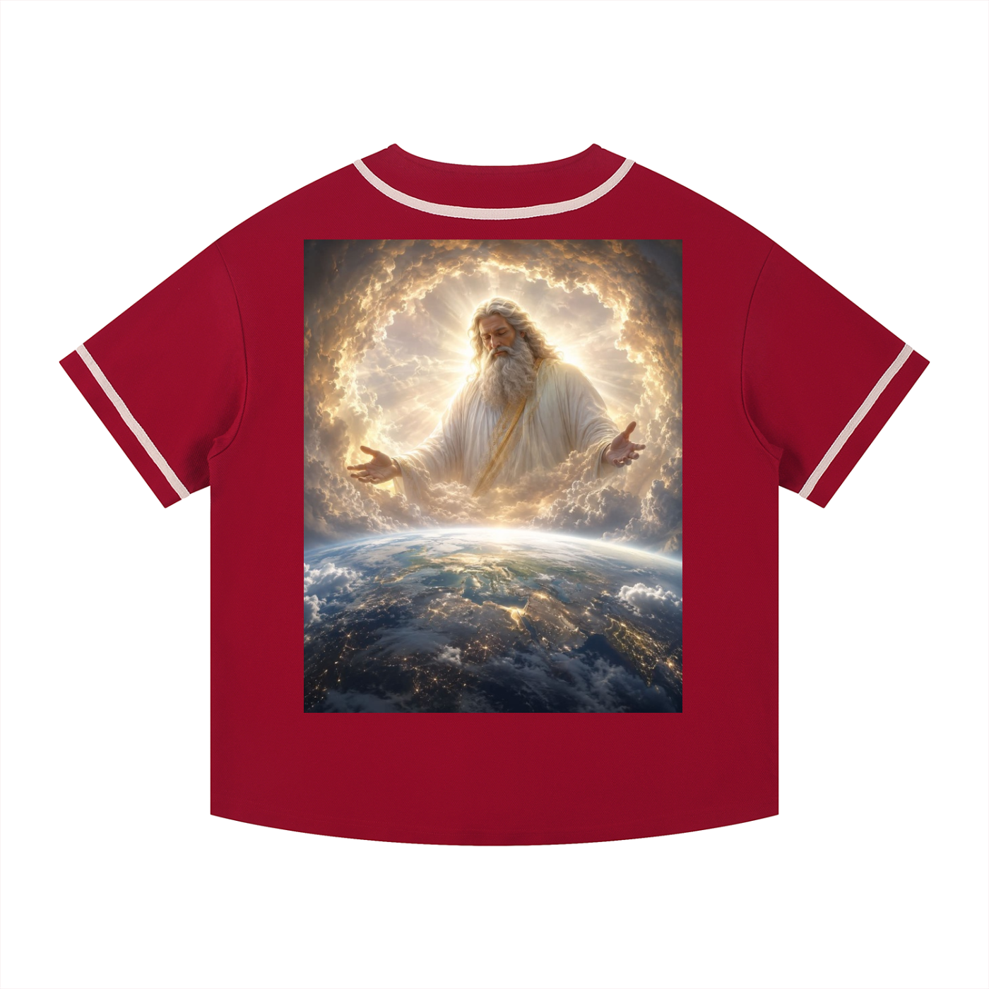 A red short-sleeve t-shirt with white contrast trim on the collar and sleeve cuffs, featuring a large graphic print on the front of a glowing divine figure above a view of Earth from space.