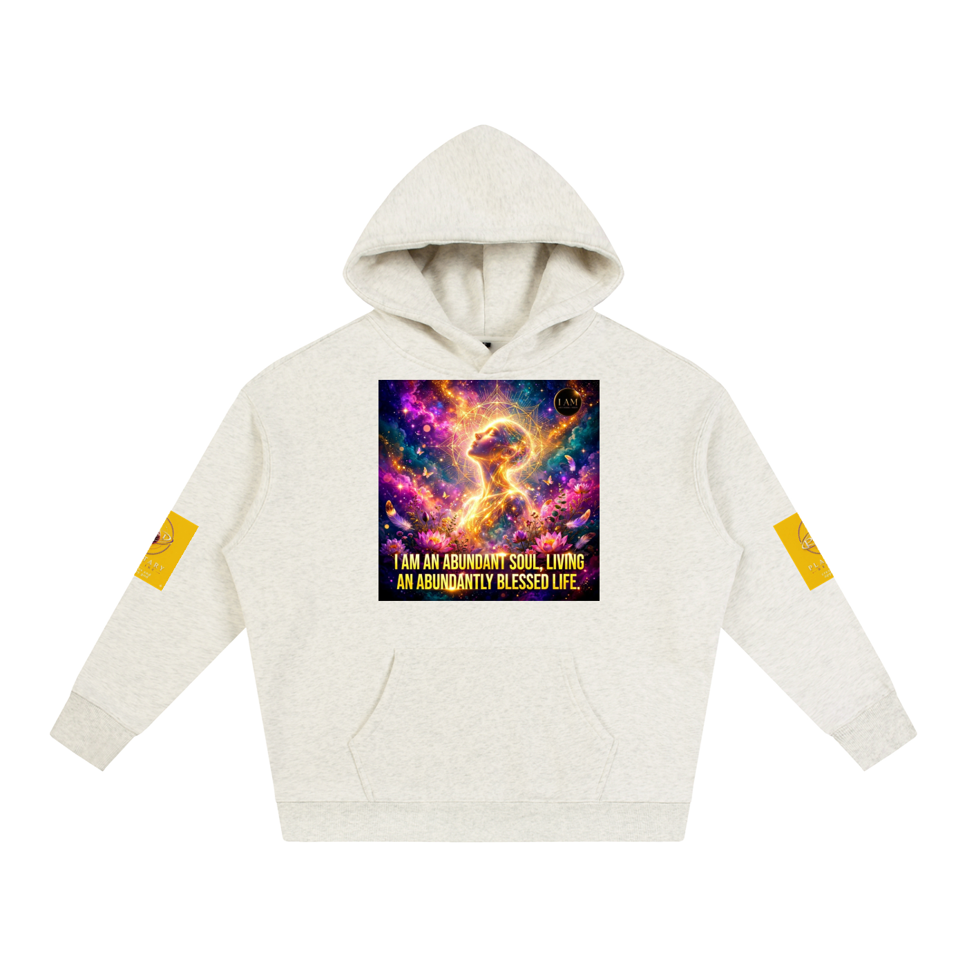 An off-white hooded sweatshirt with a colorful cosmic graphic on the chest and yellow patches on both sleeves, displayed against a solid white background.