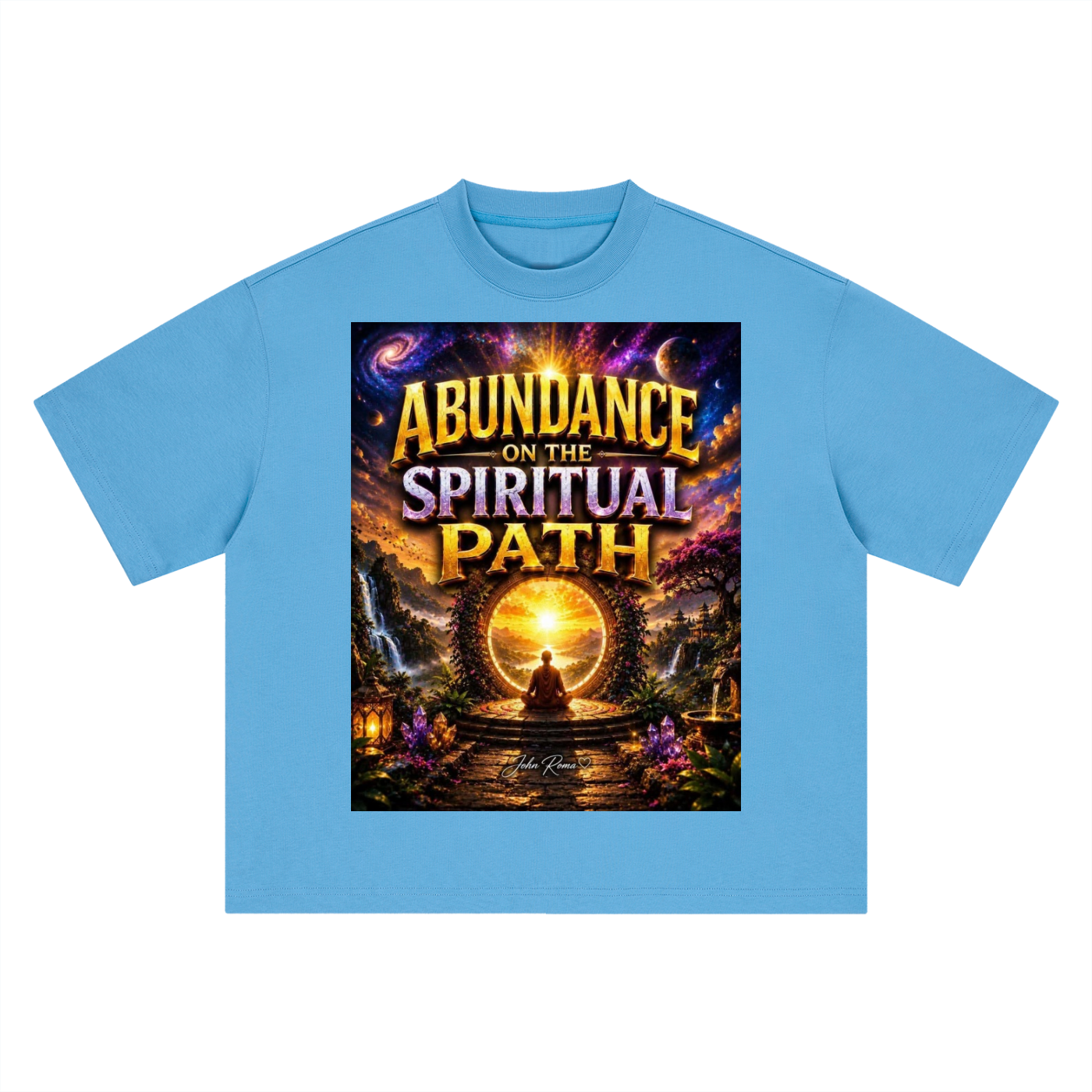 Light blue t-shirt with 'Abundance on the Spiritual Path' graphic design on a white background