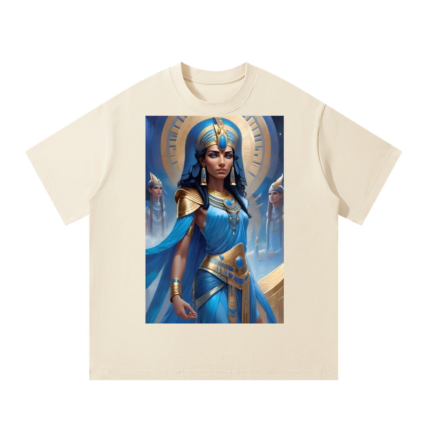 Beige t-shirt with an Egyptian-themed graphic of a woman in blue and gold attire.