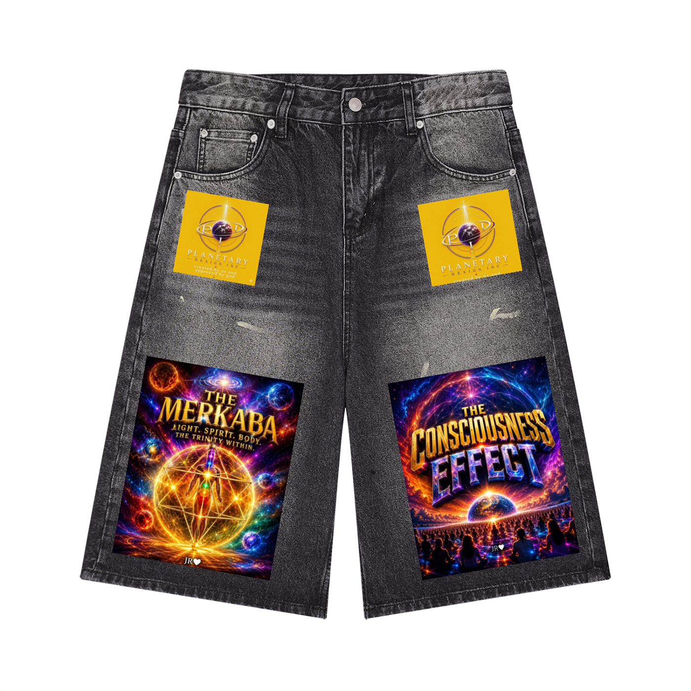 Black washed denim shorts featuring two large colorful graphic patches on the front legs and two yellow square patches on the back pockets. The front leg patches display 'The Merkaba' and 'The Consciousness Effect' artwork.