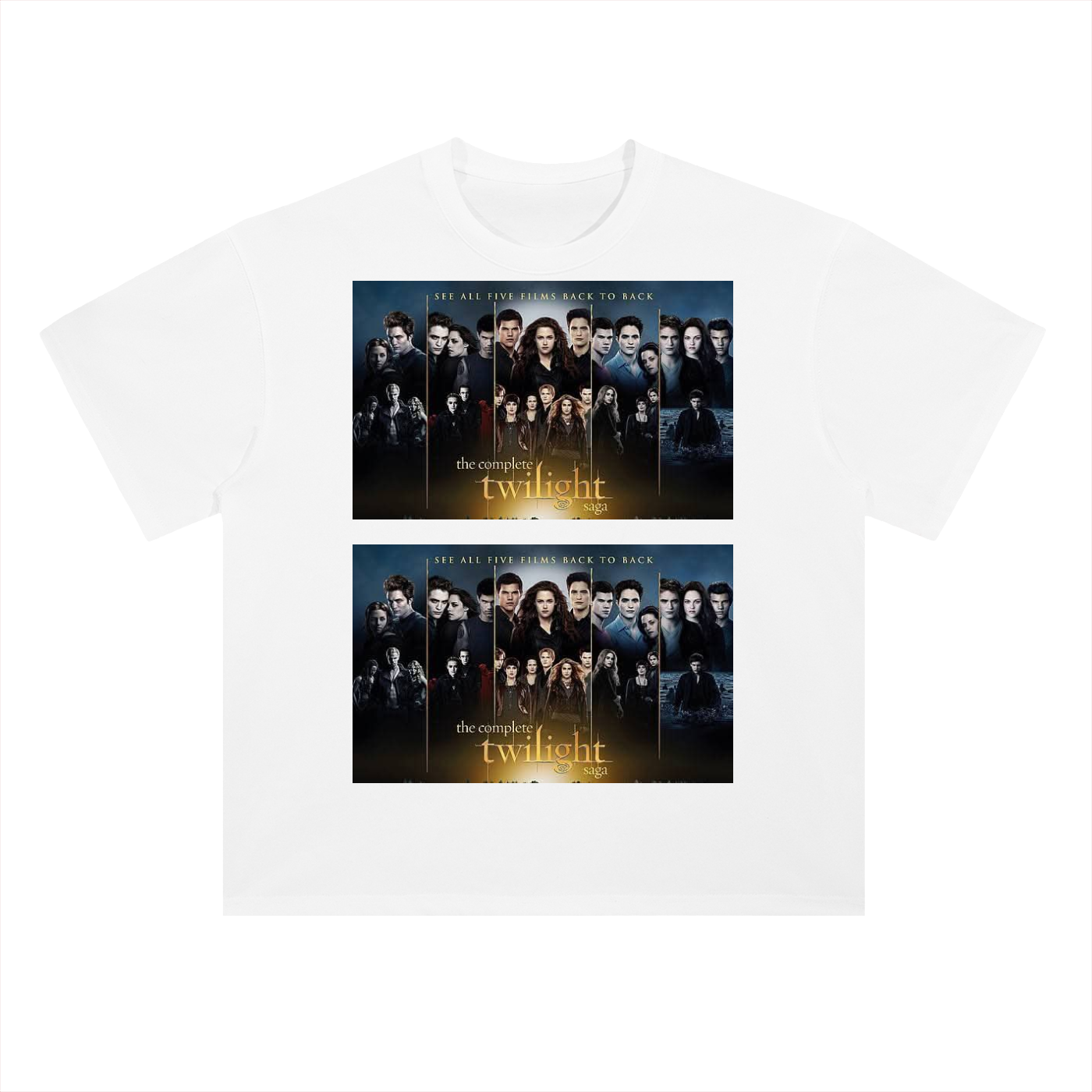 White t-shirt with 'The Twilight' movie poster design on a white background