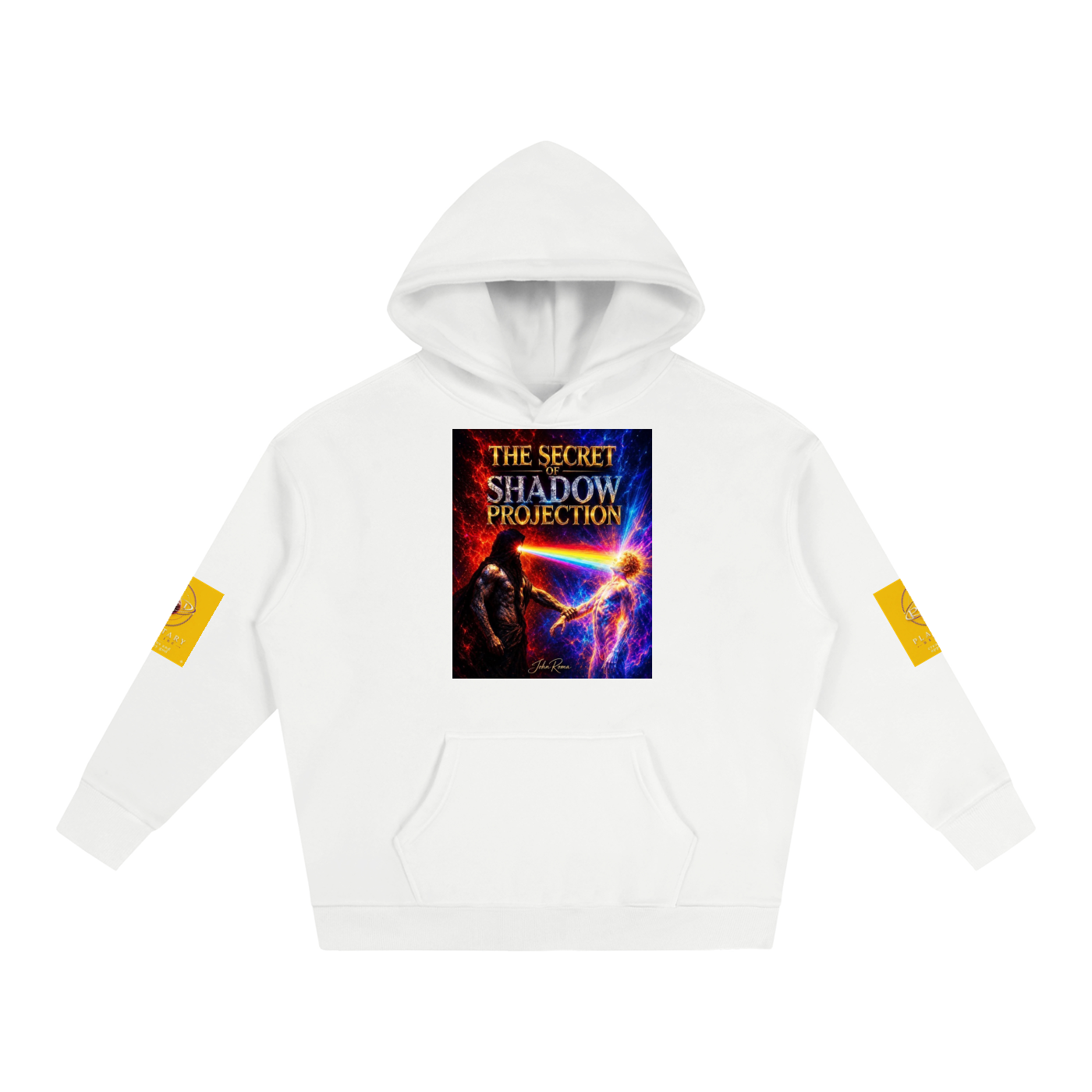 A white pullover hoodie with a colorful graphic print on the chest reading 'THE SECRET SHADOW PROJECTION' and yellow patch-like details on both sleeves, shown on a plain white background.