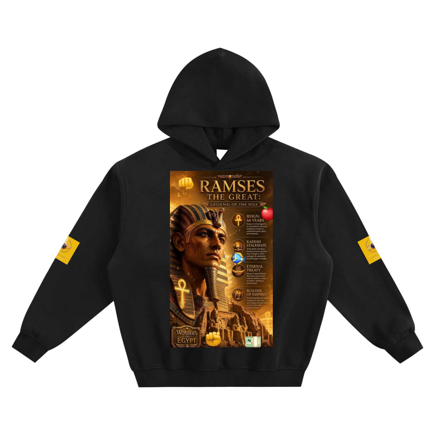 Black hoodie with Ramses the Great design on a white background