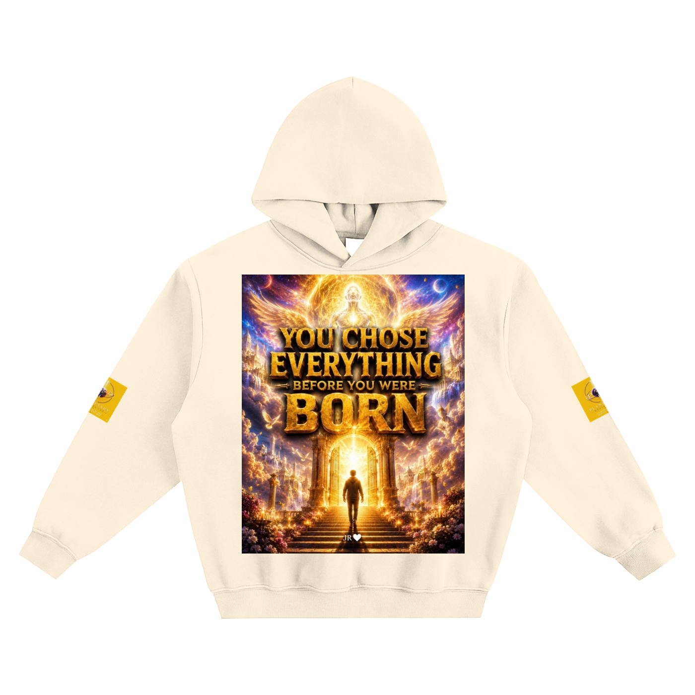 Beige hoodie with a graphic design on the chest featuring text and a door illustration.